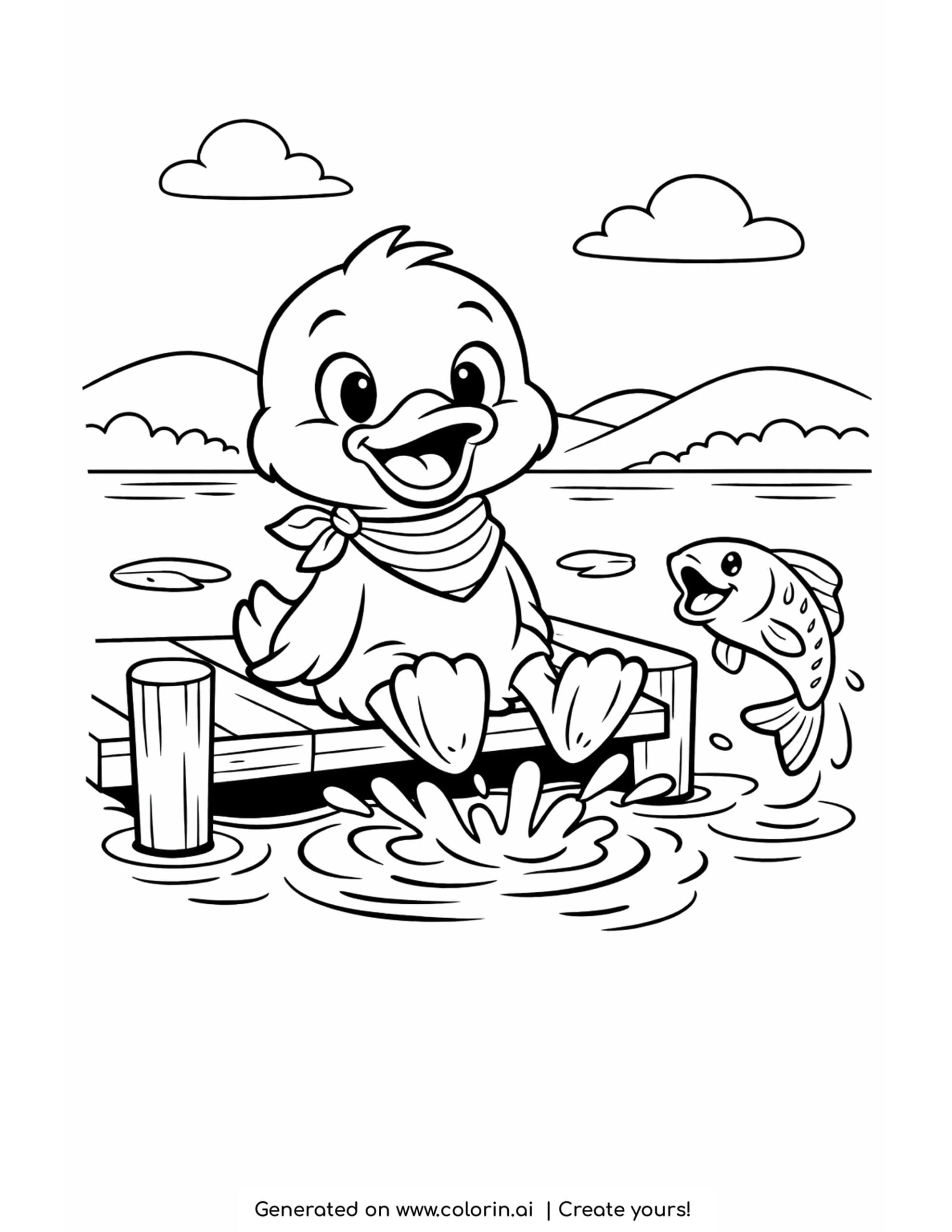duck sitting on dock splashing water with fish jumping coloring page