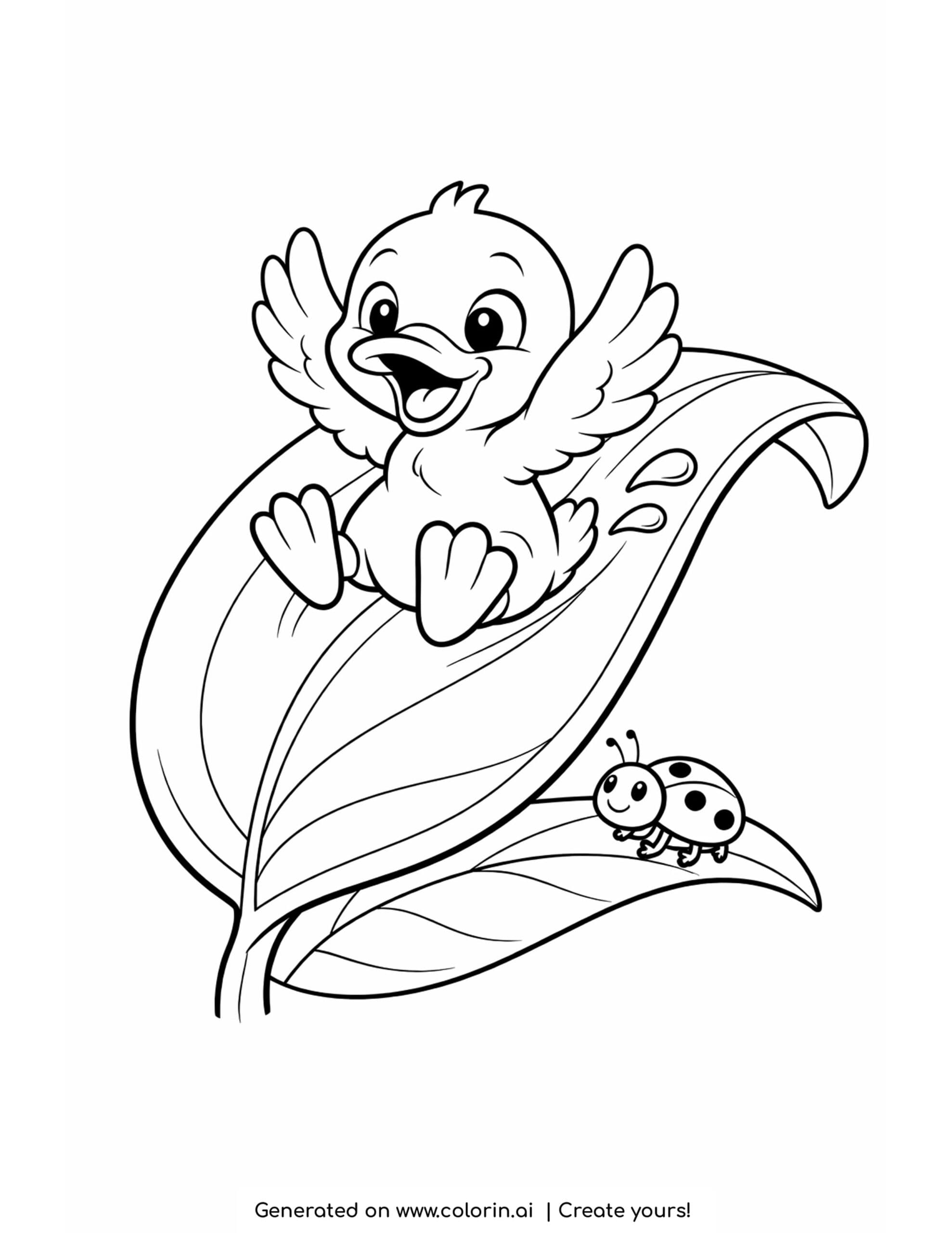 duck sliding on leaf with ladybug and water drops coloring page