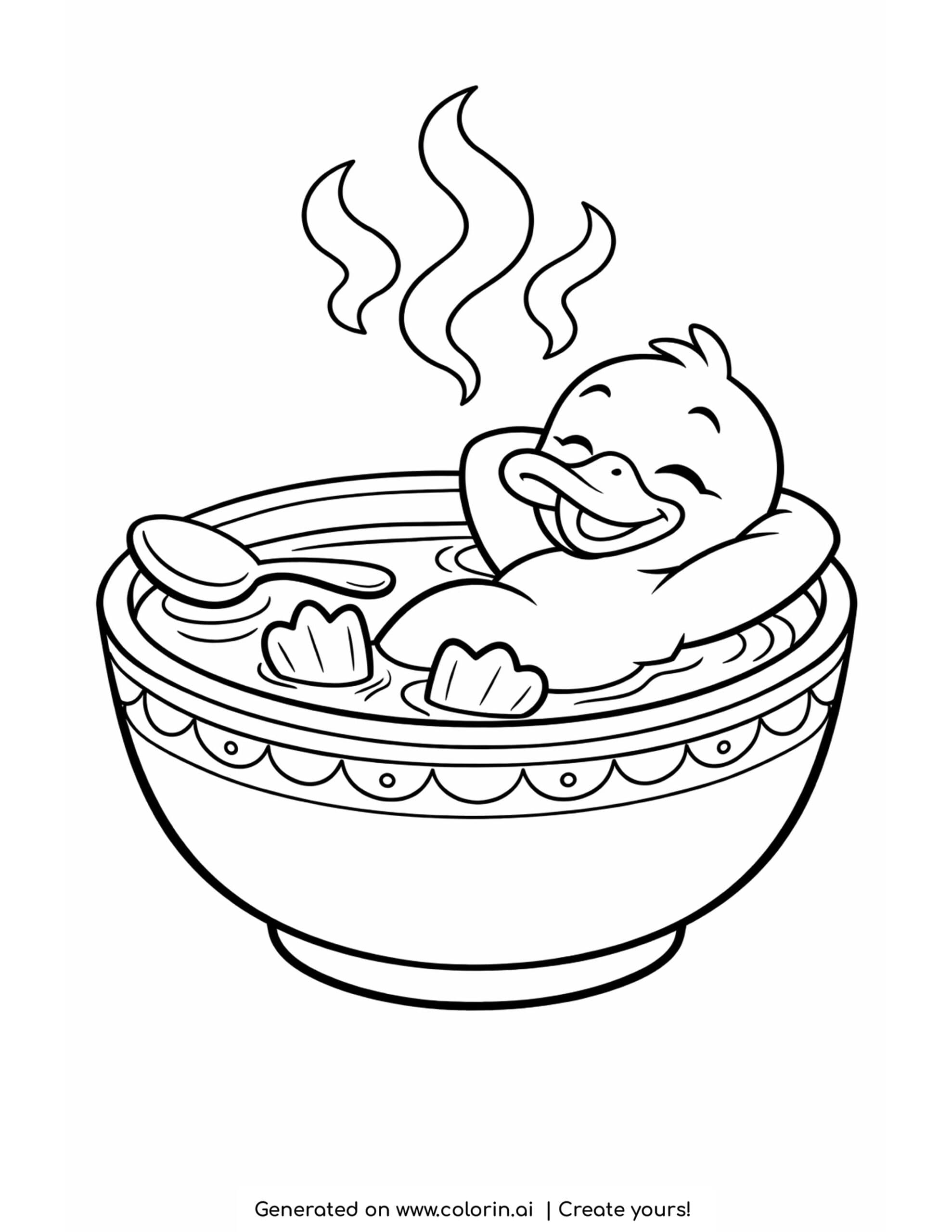 duck soaking in a soup bowl coloring page with steam curls and spoon
