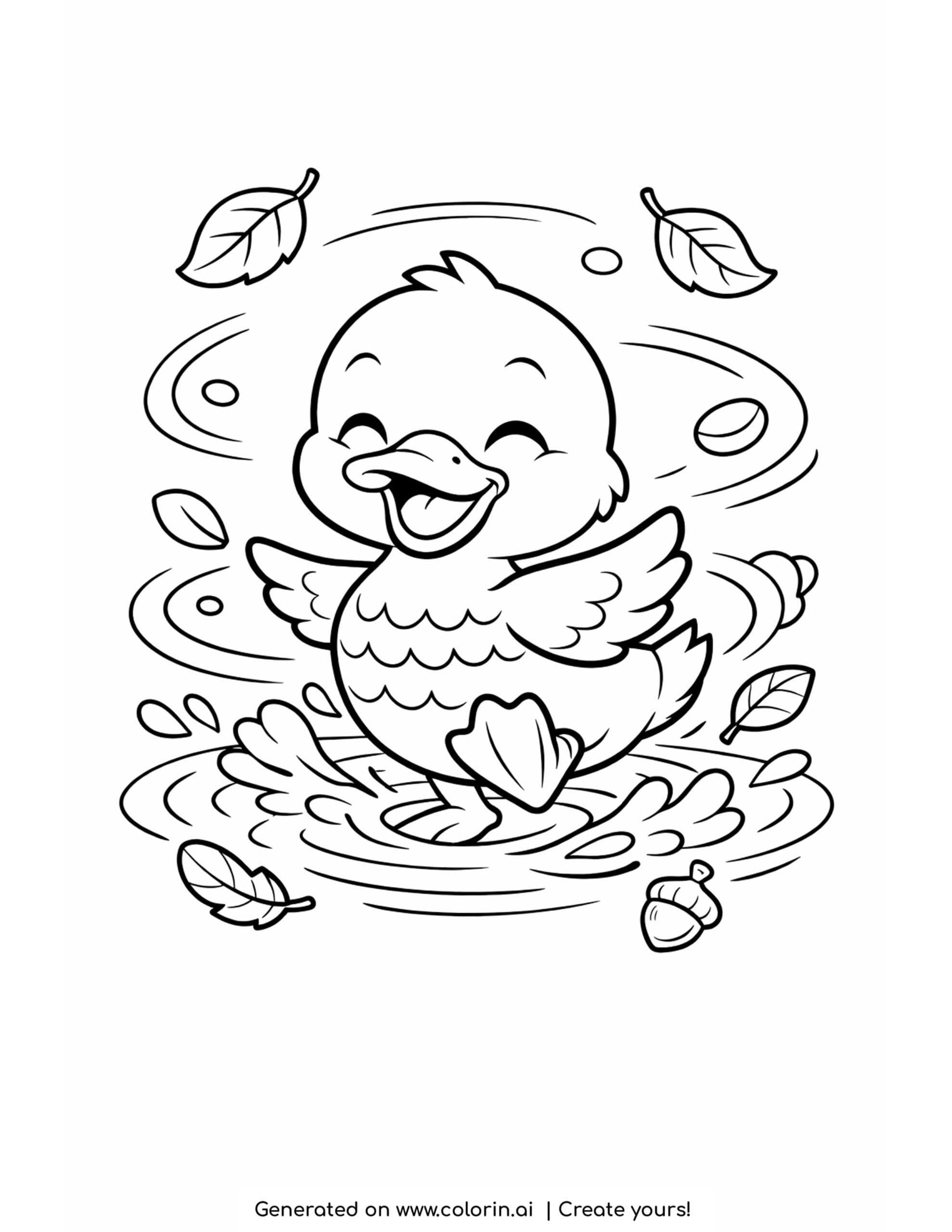 duck spinning in shallow water coloring page with swirling leaves and splashes