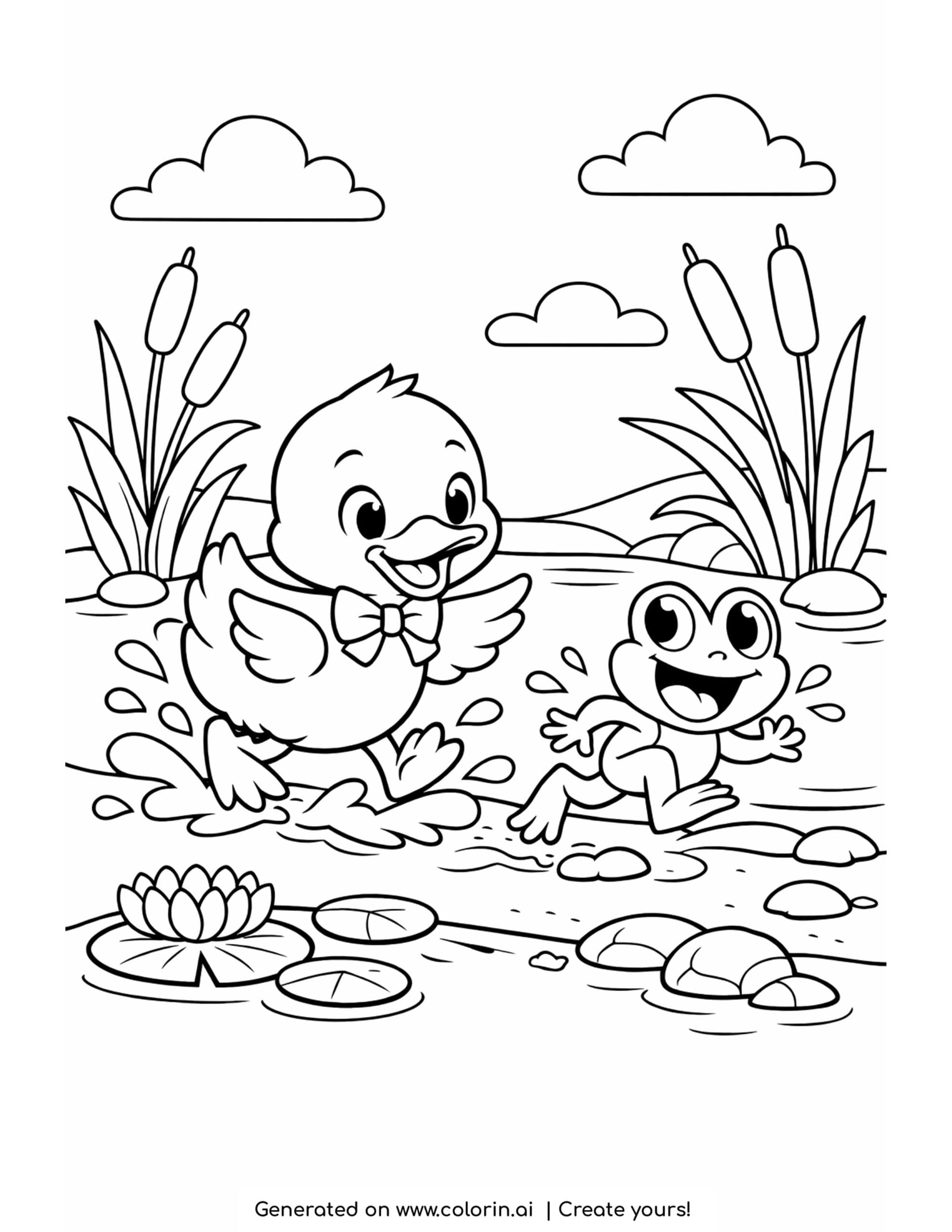 duck splashing after a frog coloring page with pond waves and lily pads
