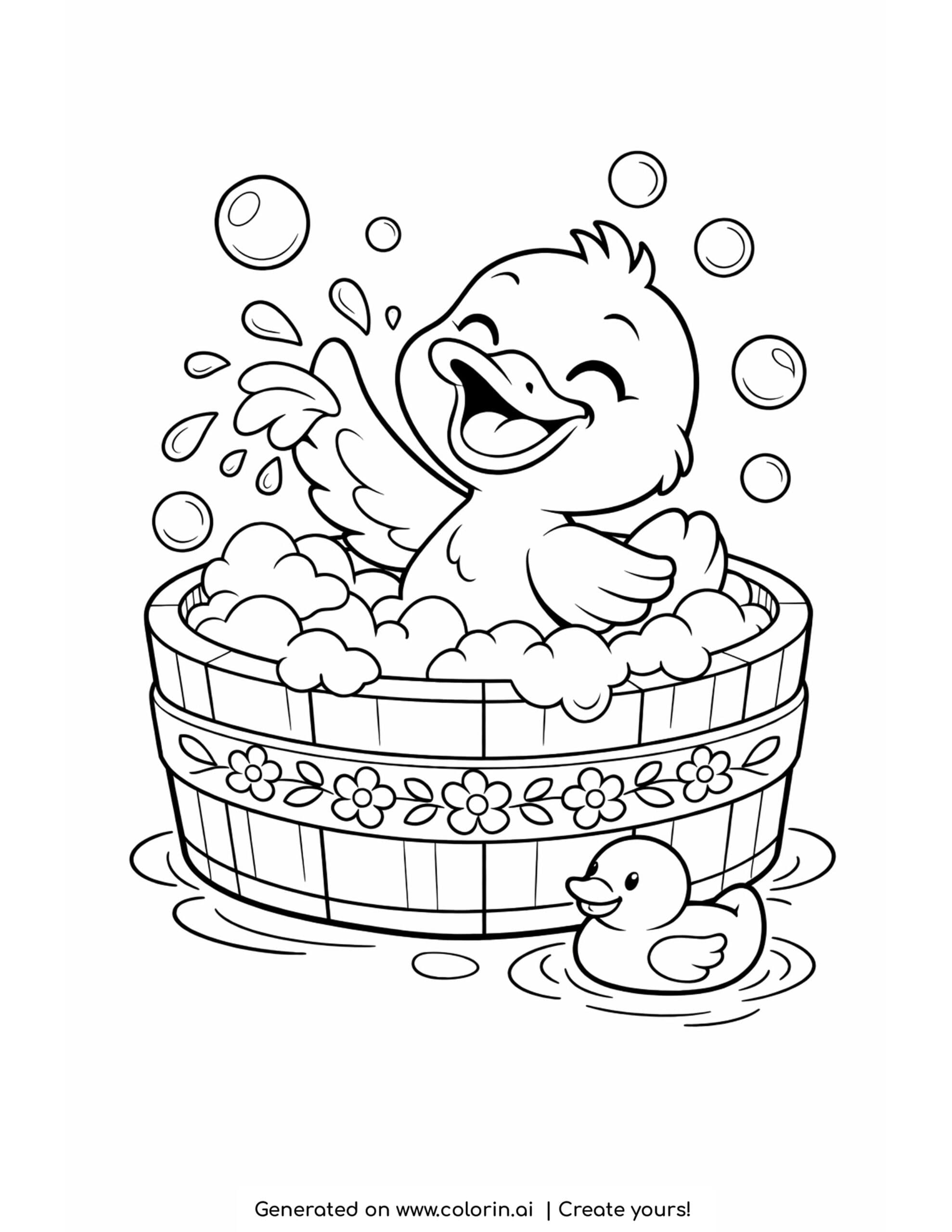 duck splashing in a bubble bath coloring page with bubbles and rubber duck