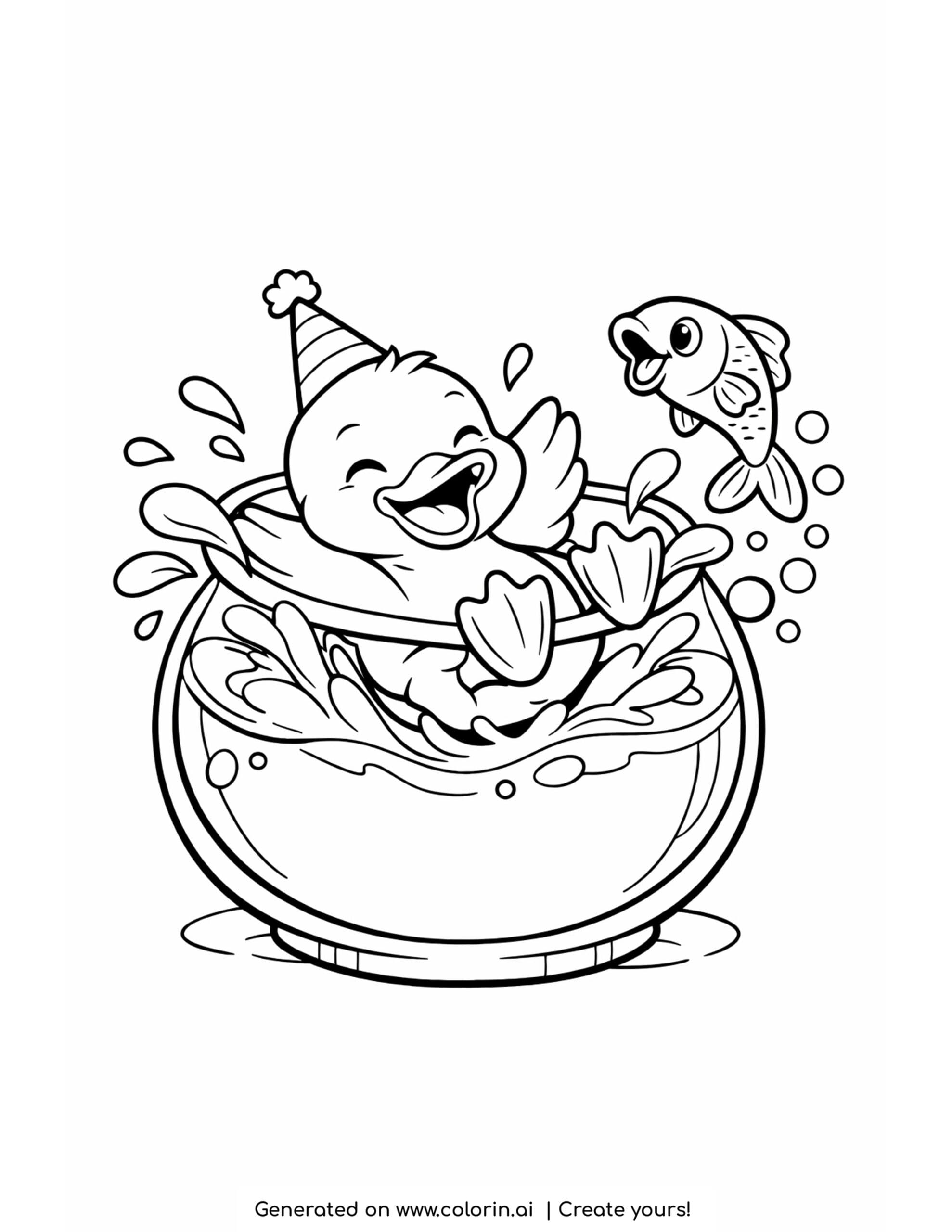 duck splashing in a fishbowl coloring page with jumping fish and bubbles