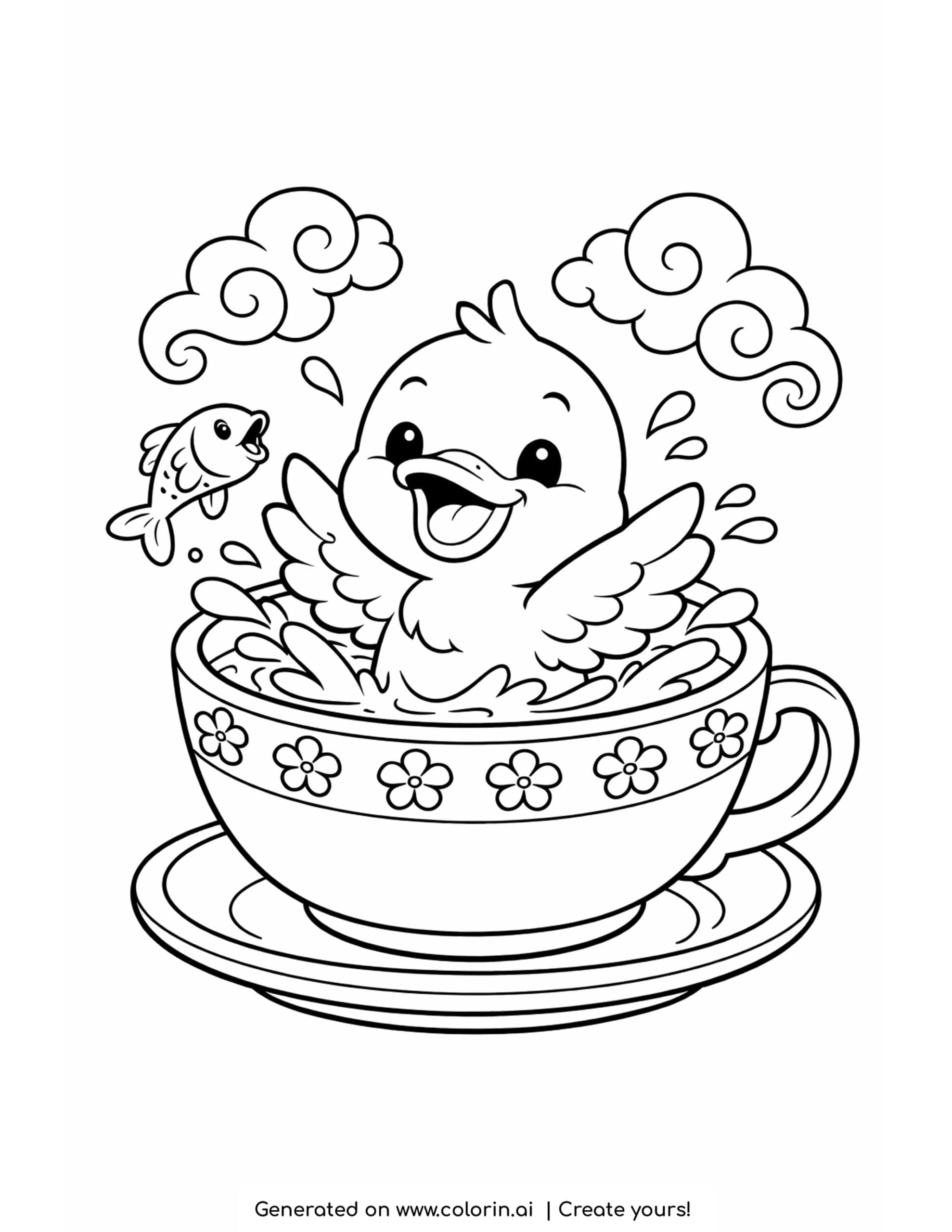 duck splashing inside teacup with fish and steam curls coloring page