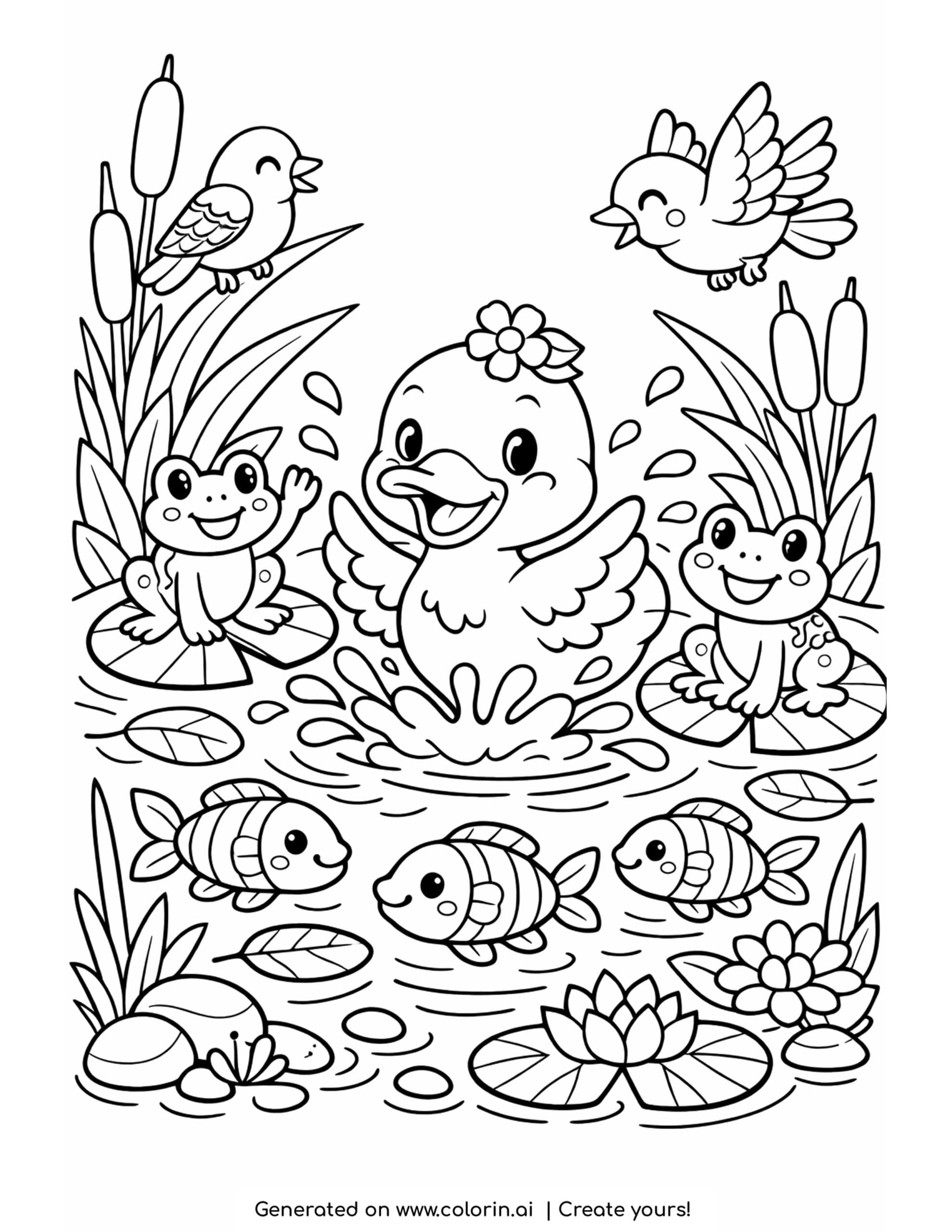 duck playing beside lily flowers coloring page with frogs and pond water