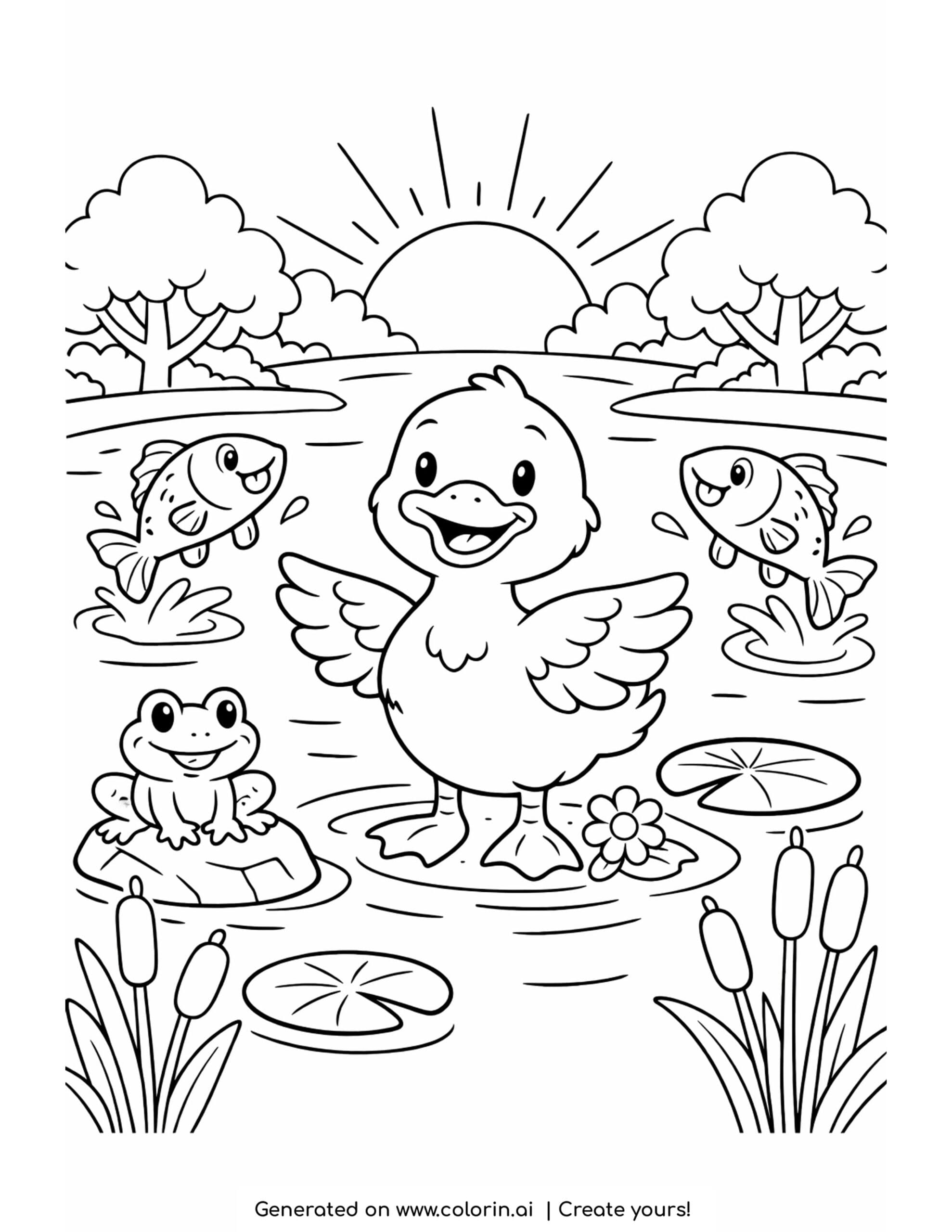 duck standing in sunrise pond coloring page with fish, frog, and lily pads