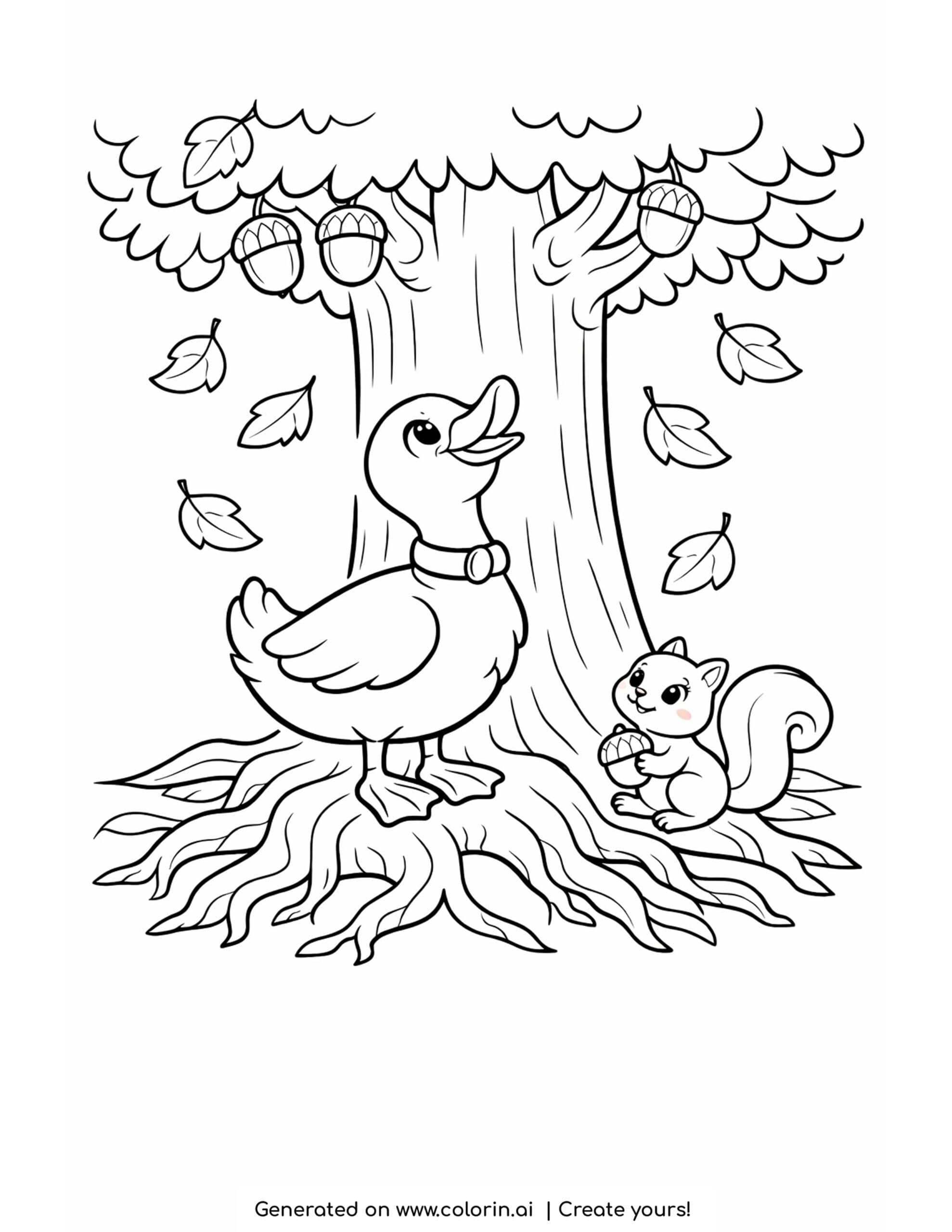 Download this duck standing under tree with squirrel coloring page, a cozy printable with falling leaves and a calm forest scene to enjoy