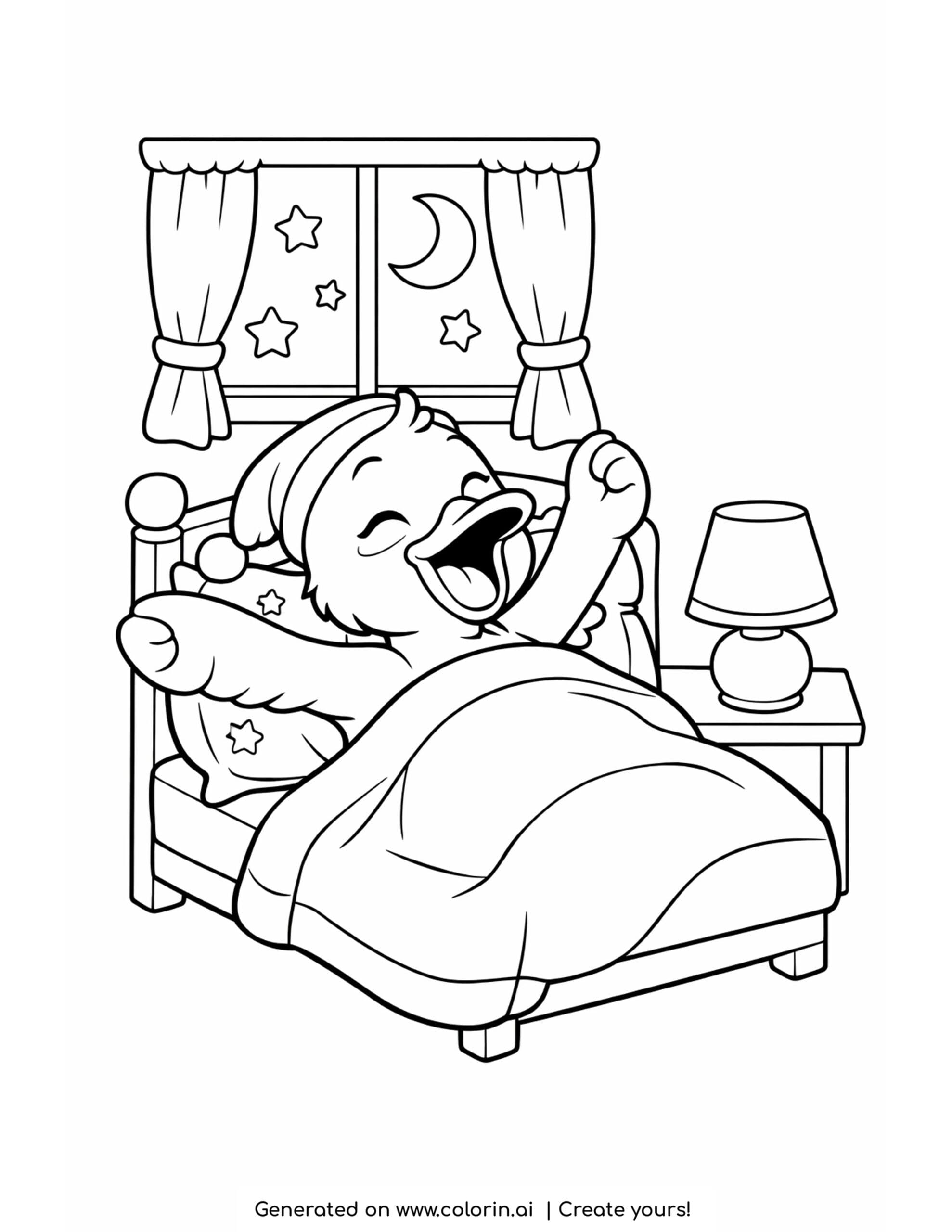 duck stretching in bed at night with moon and stars coloring page