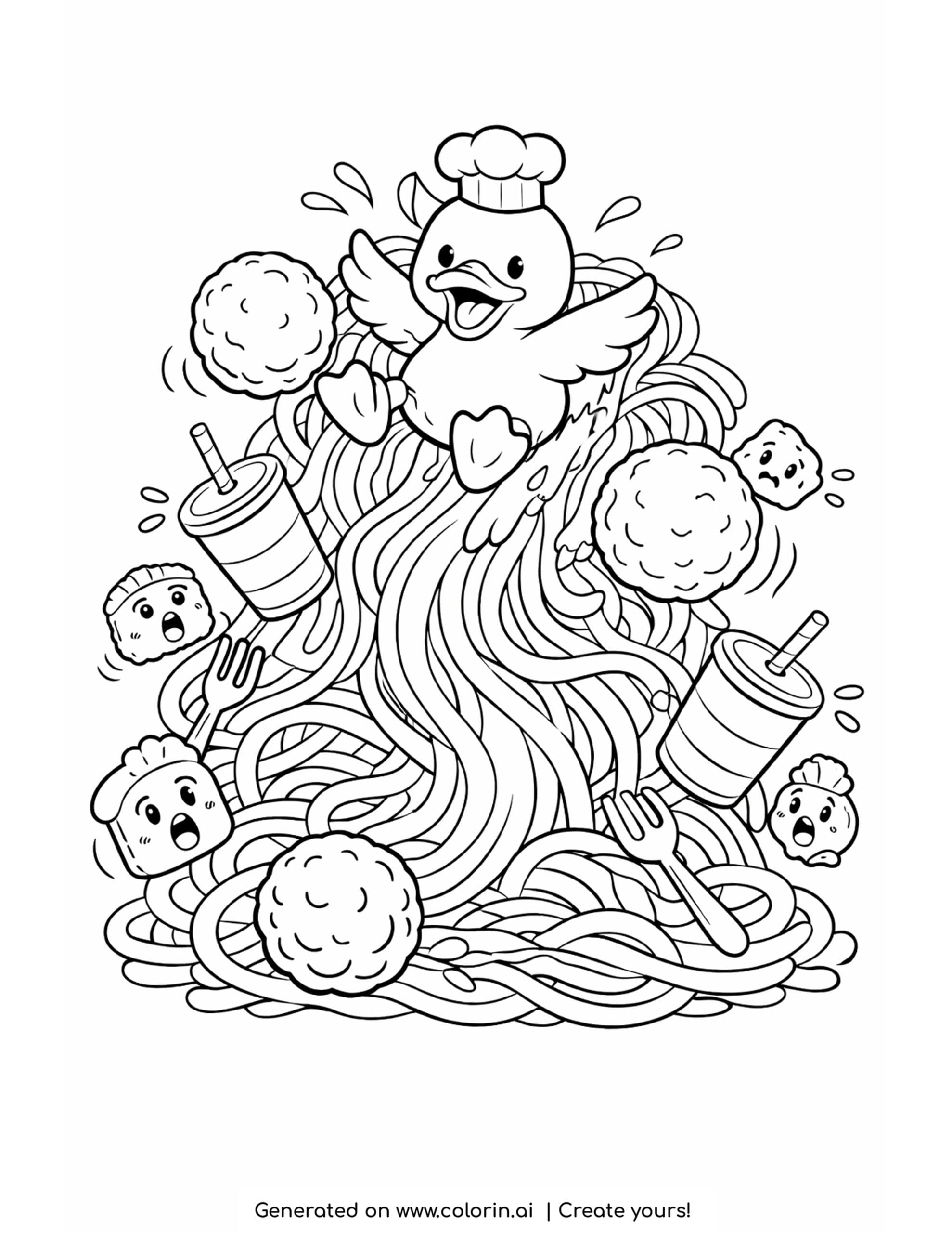 duck surfing giant noodles coloring page with meatballs and surprised snack characters