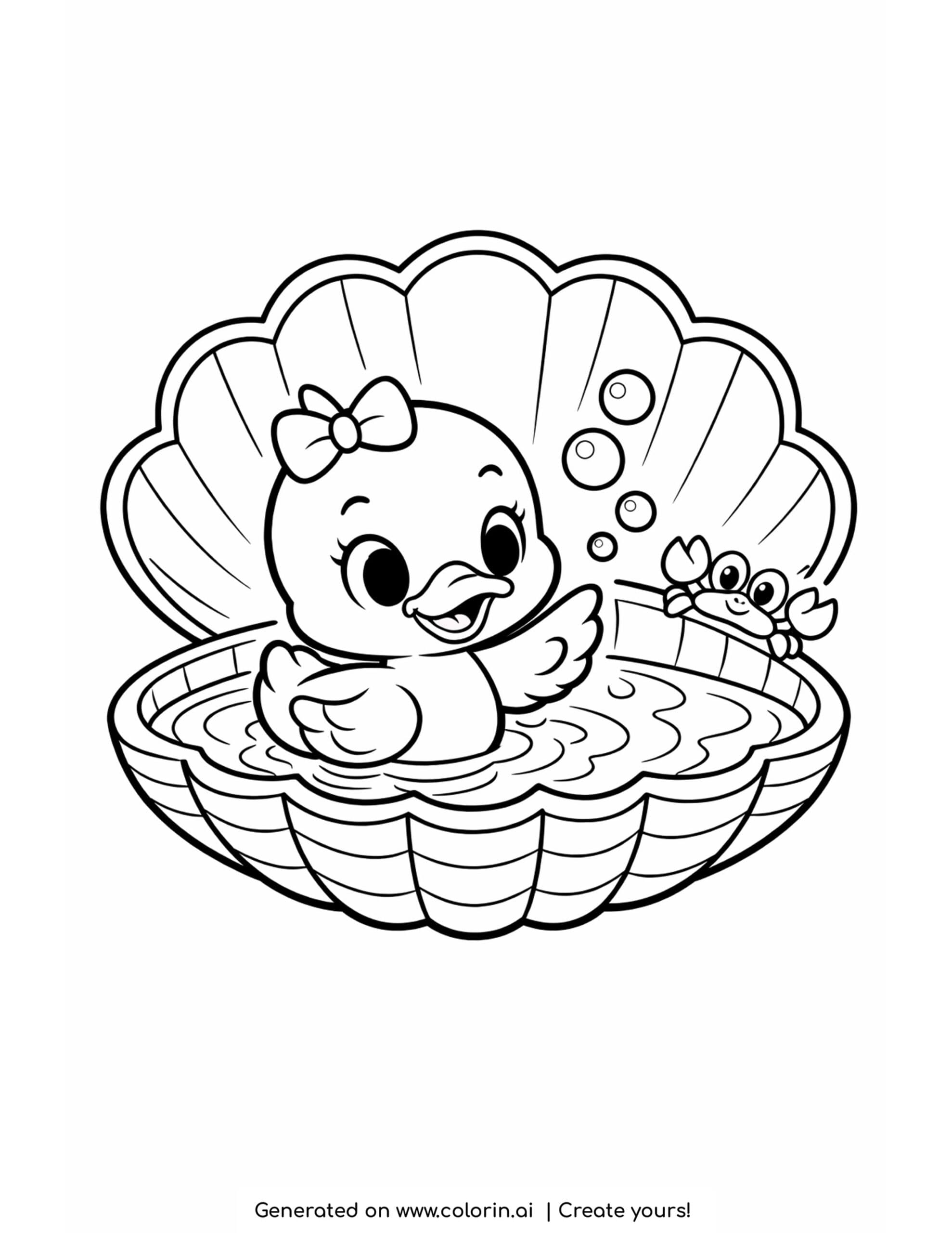 duck swimming in a seashell coloring page with bubbles and tiny crab
