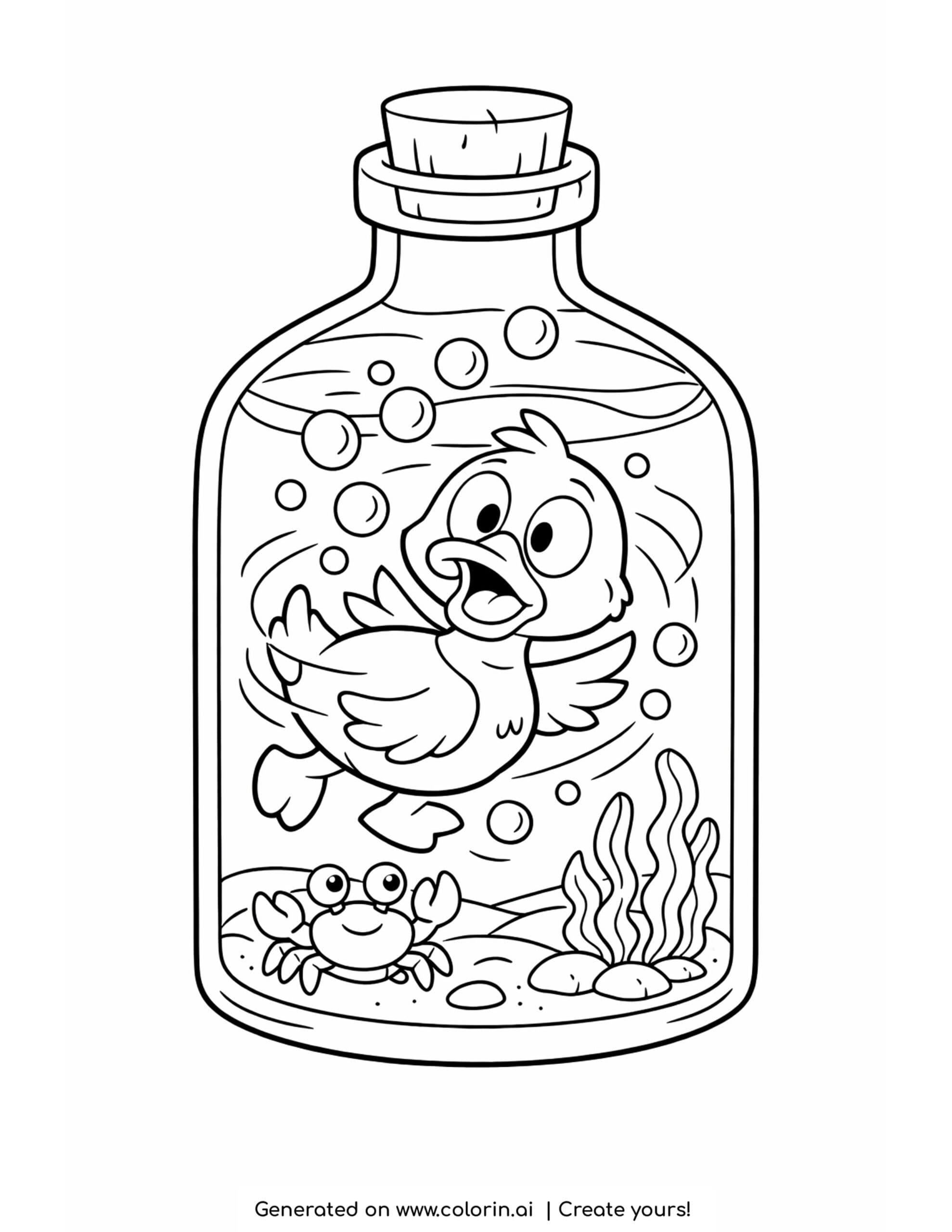 duck swimming inside a bottle coloring page with bubbles crab and seaweed