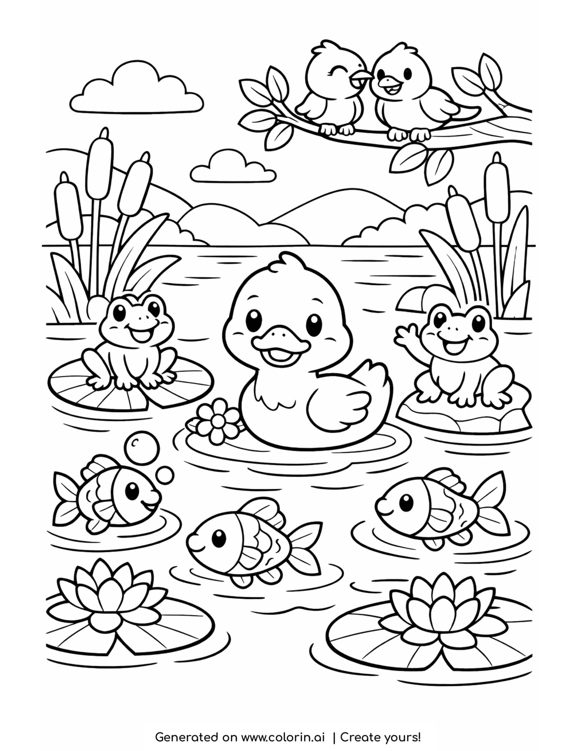 duck swimming with pond friends coloring page with frogs, fish, and lily pads