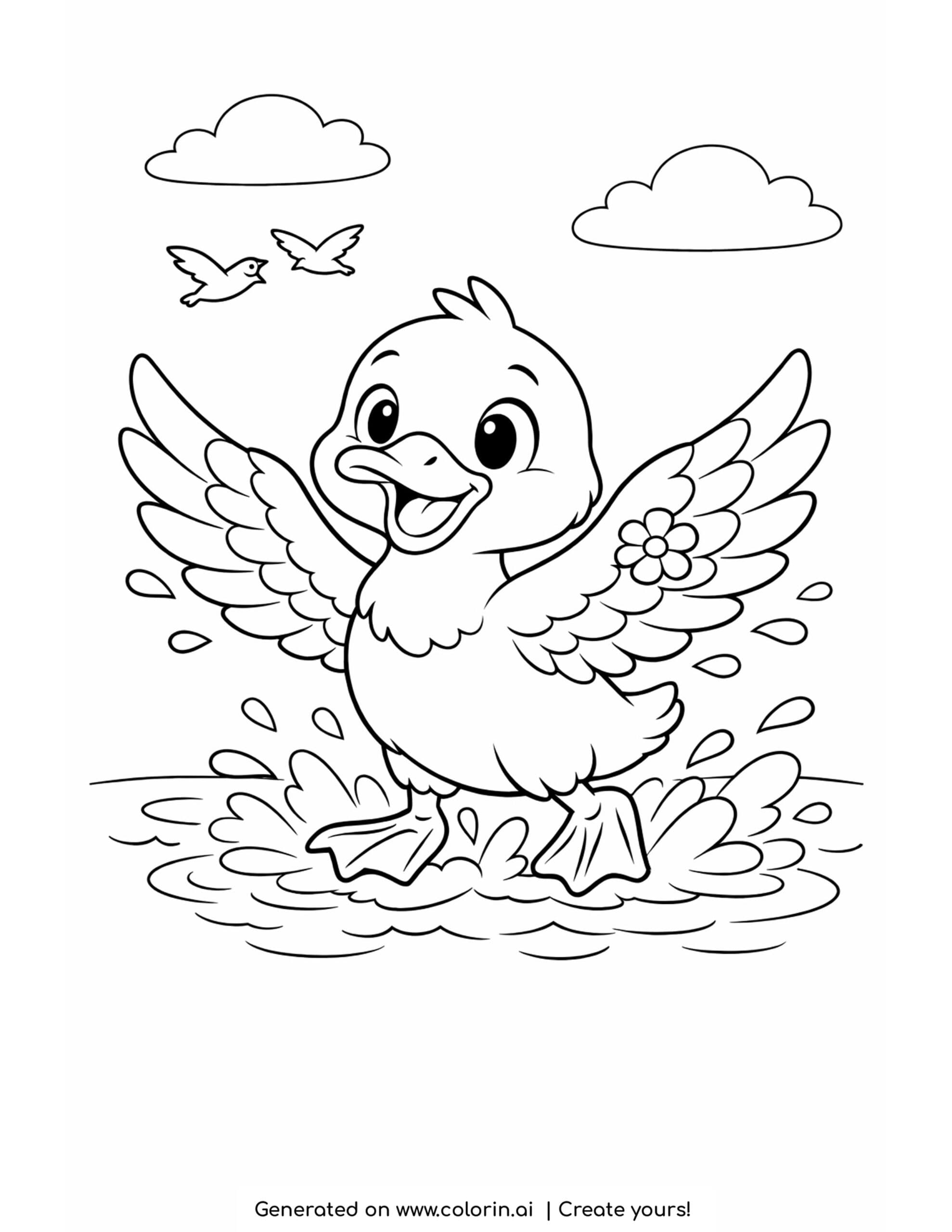 duck taking off from water coloring page with splashes and birds