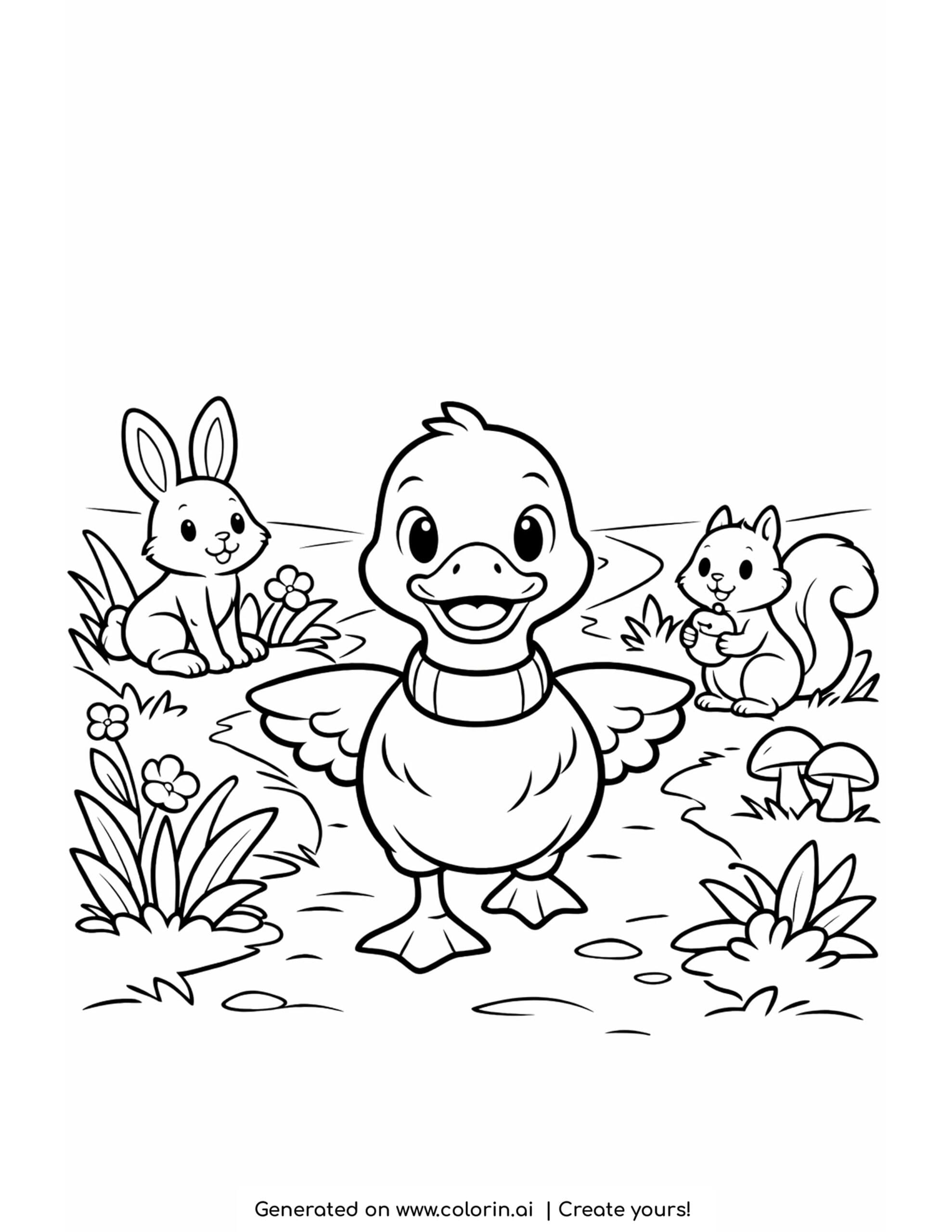 duck walking on a forest path coloring page with rabbit squirrel and plants