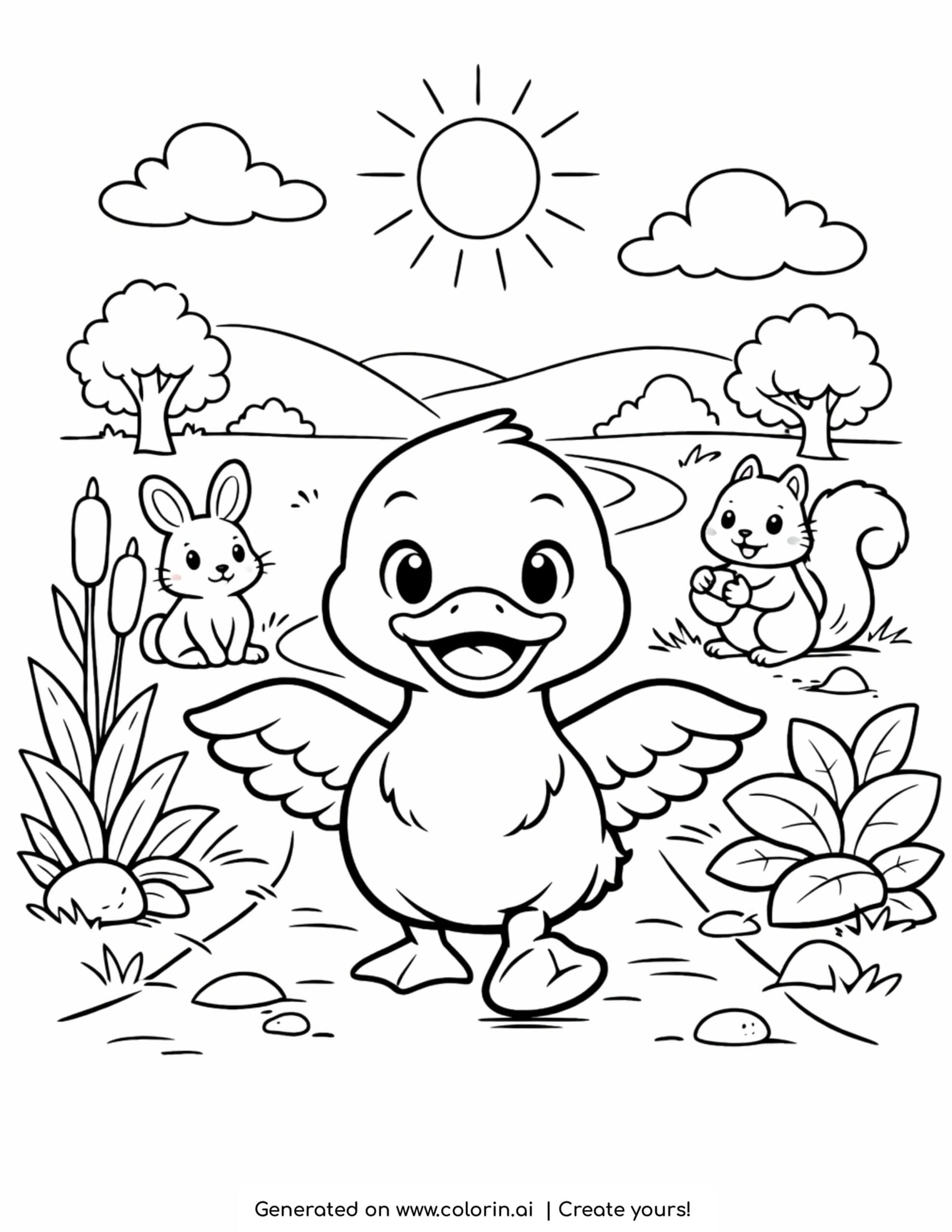 duck walking through a forest path coloring page with a rabbit and squirrel nearby