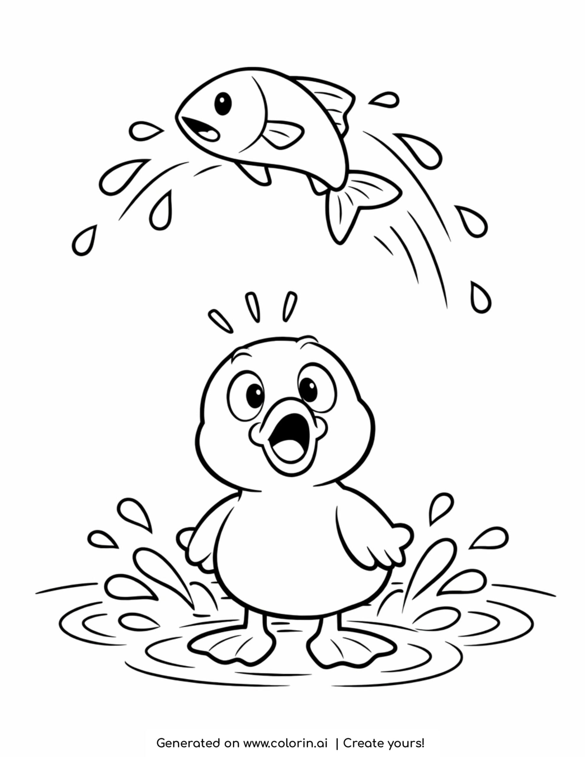 duck watching a jumping fish coloring page with water splashes and pond ripples