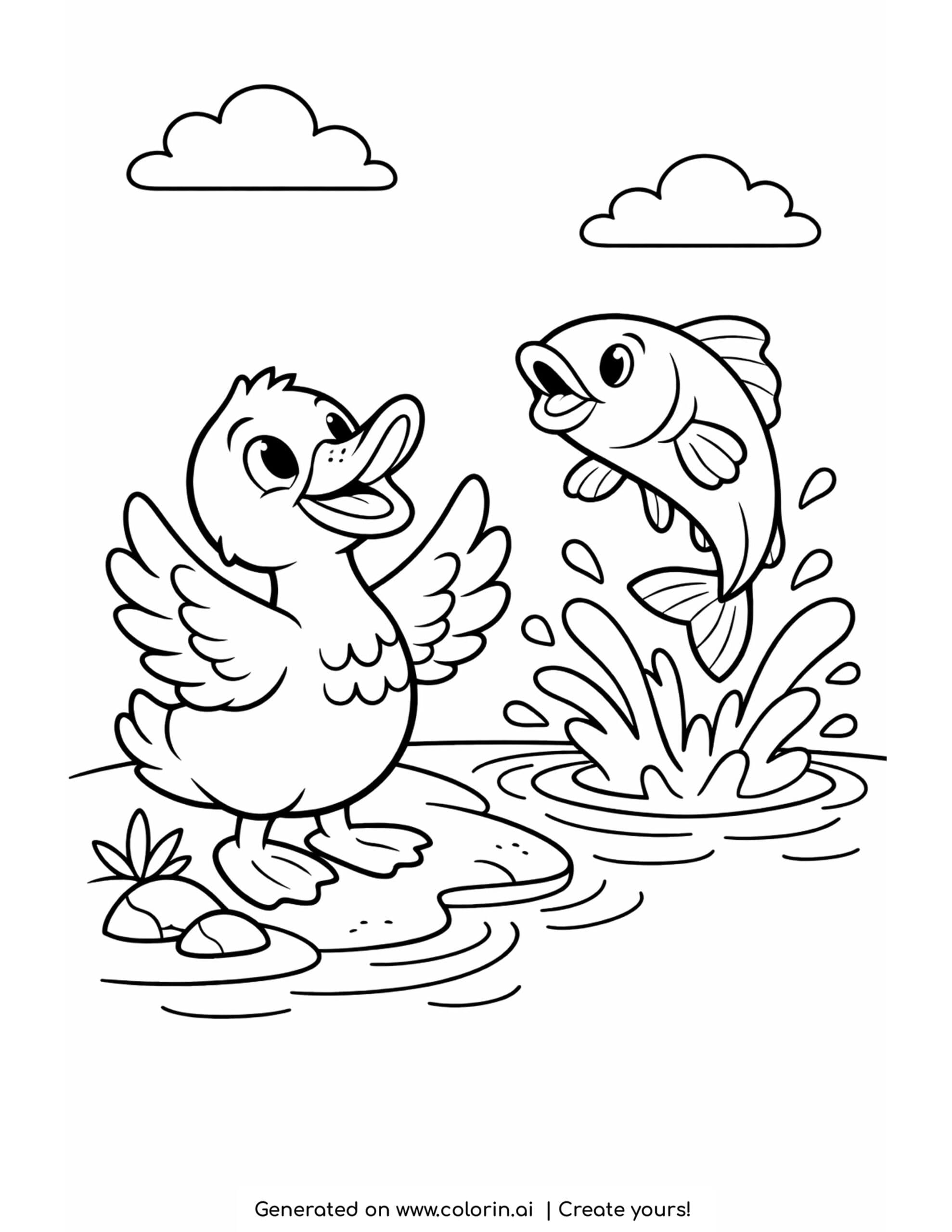 duck watching a jumping fish coloring page with pond splashes and gentle waves