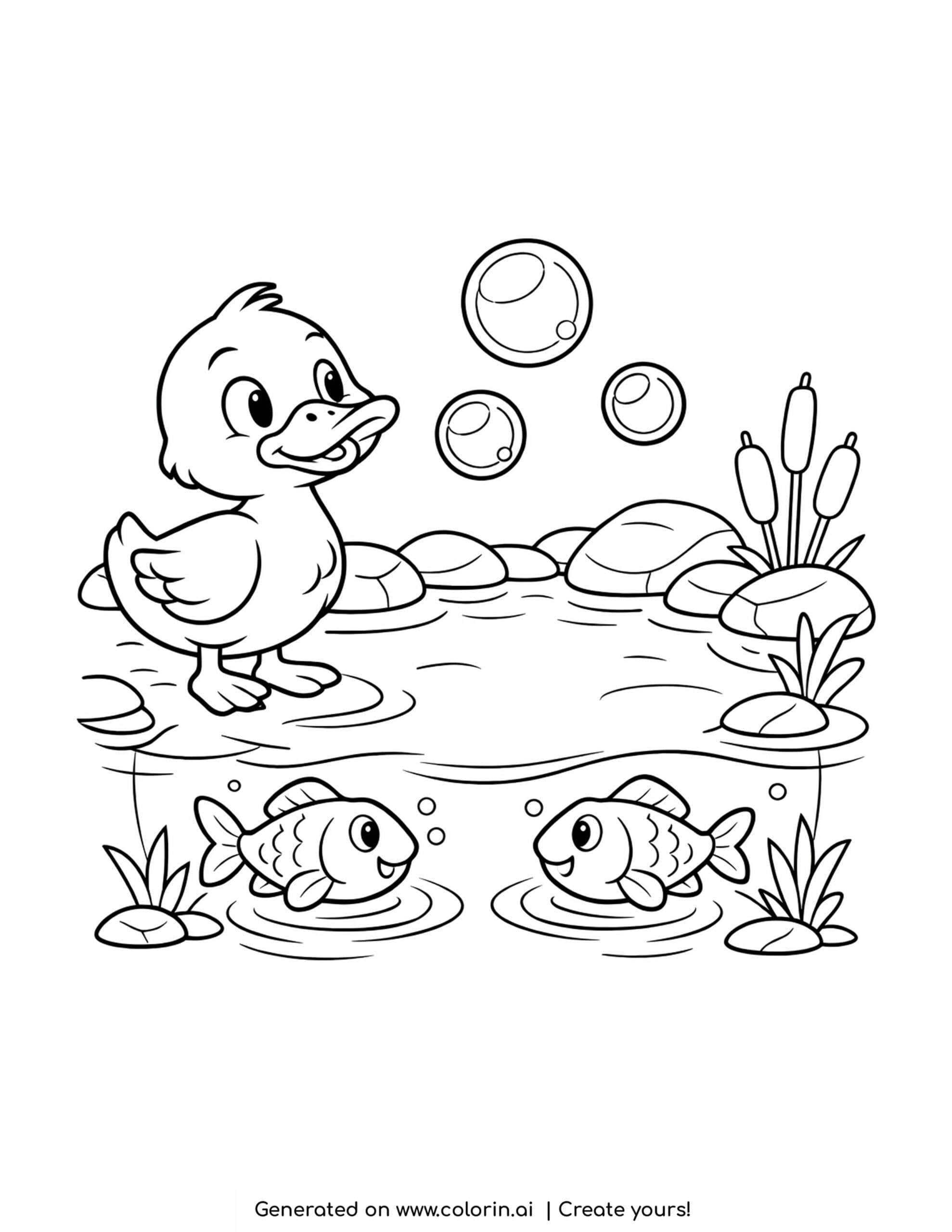 duck watching bubbles in the pond coloring page with fish and water ripples