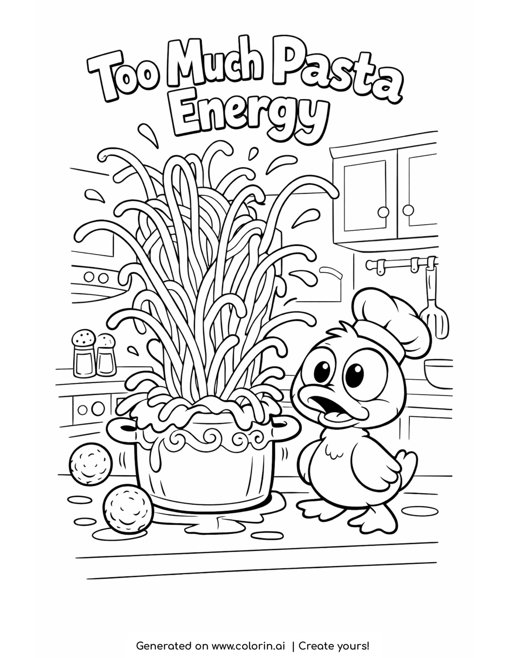 duck watching exploding spaghetti pot coloring page with flying noodles and bouncing meatballs