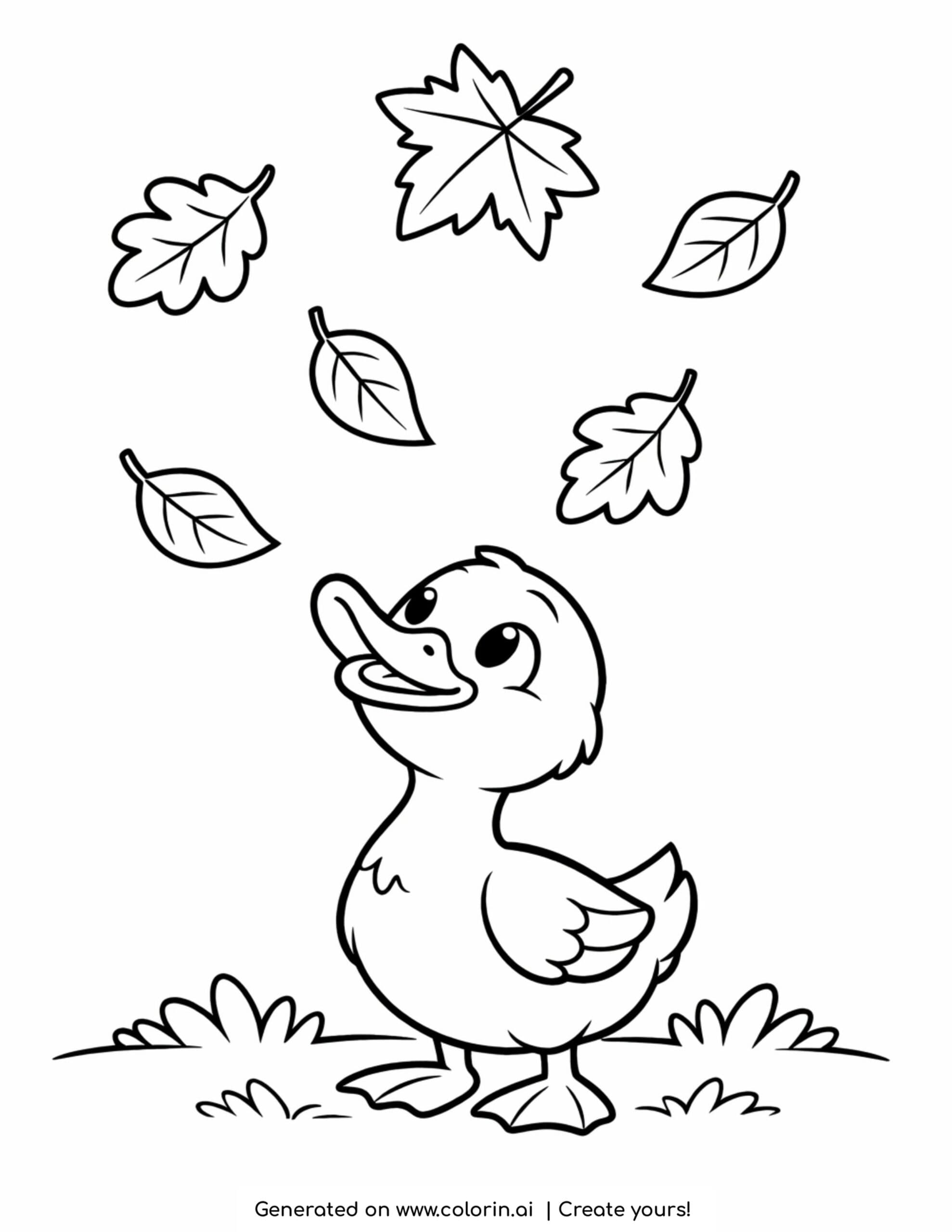 duck watching falling leaves coloring page with autumn leaves and grassy details