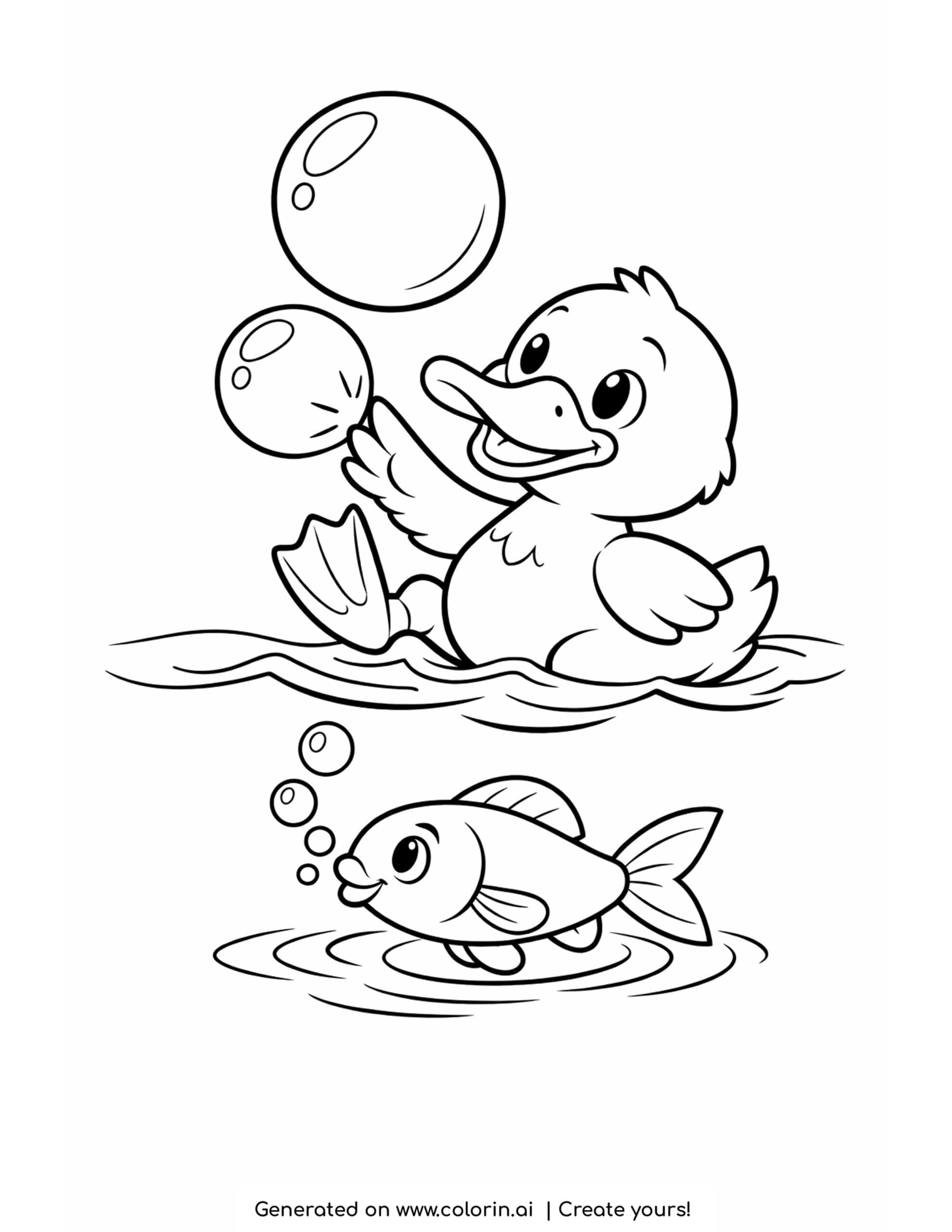 duck watching floating bubbles coloring page with a fish and smooth water ripples
