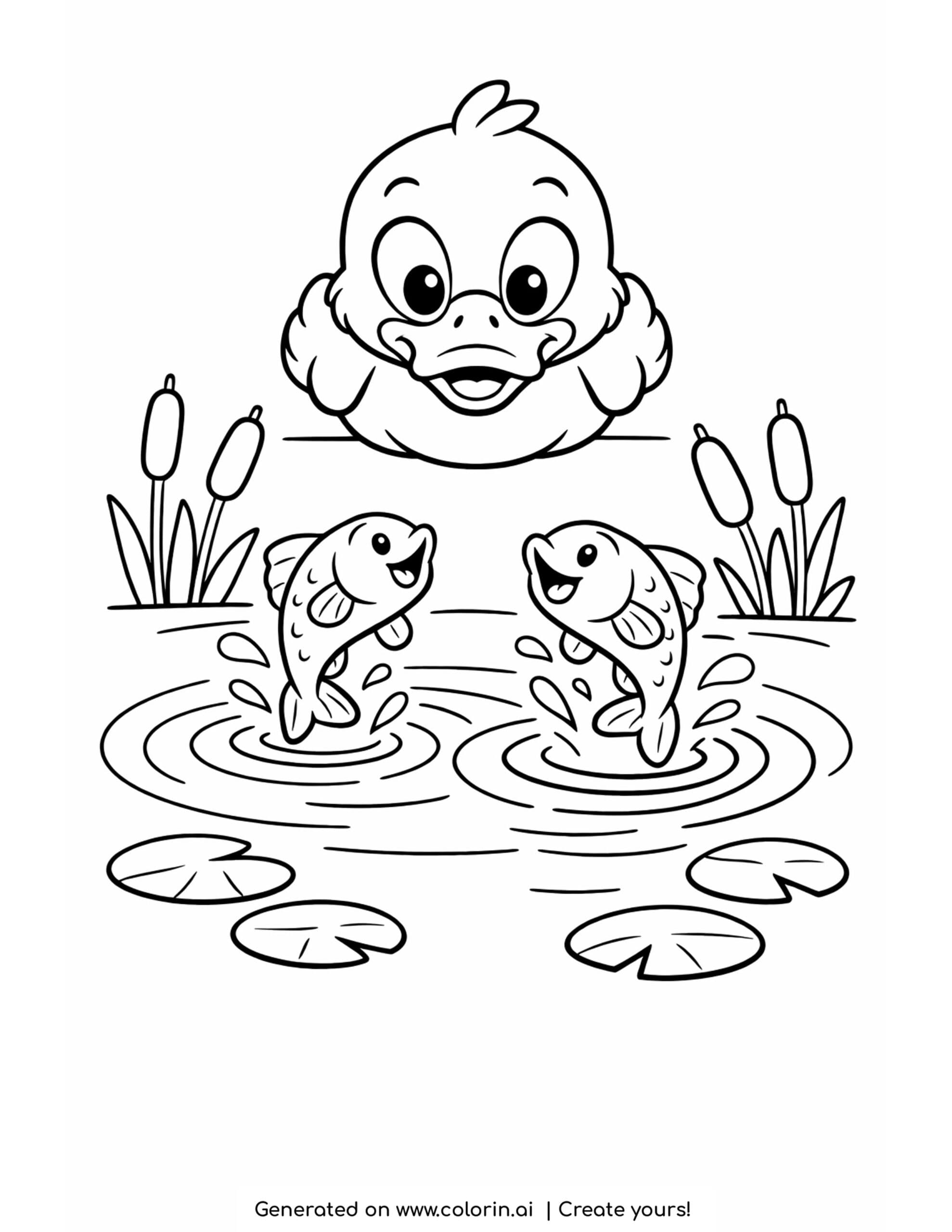 duck watching jumping fish coloring page with pond ripples and lily pads