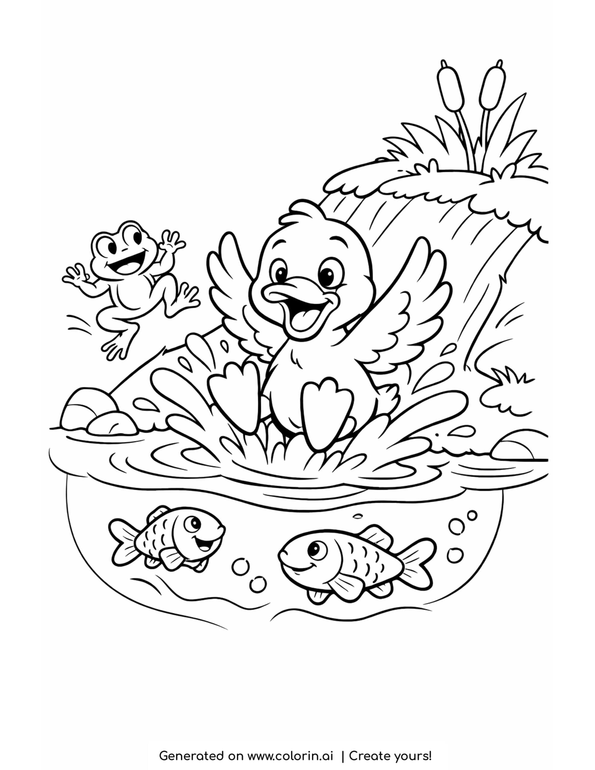 duck watching pond creatures coloring page with frogs, insects, and cattails