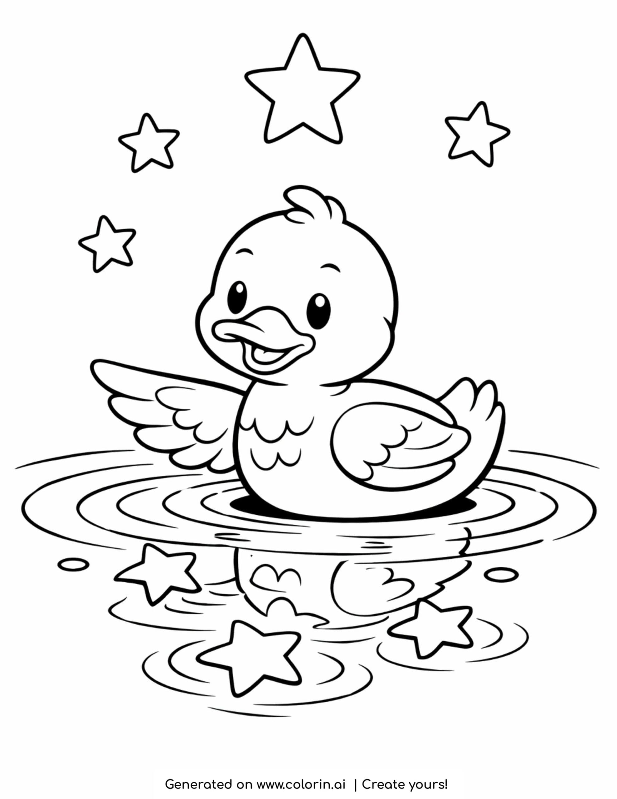 duck watching star reflections coloring page with floating stars and soft water ripples
