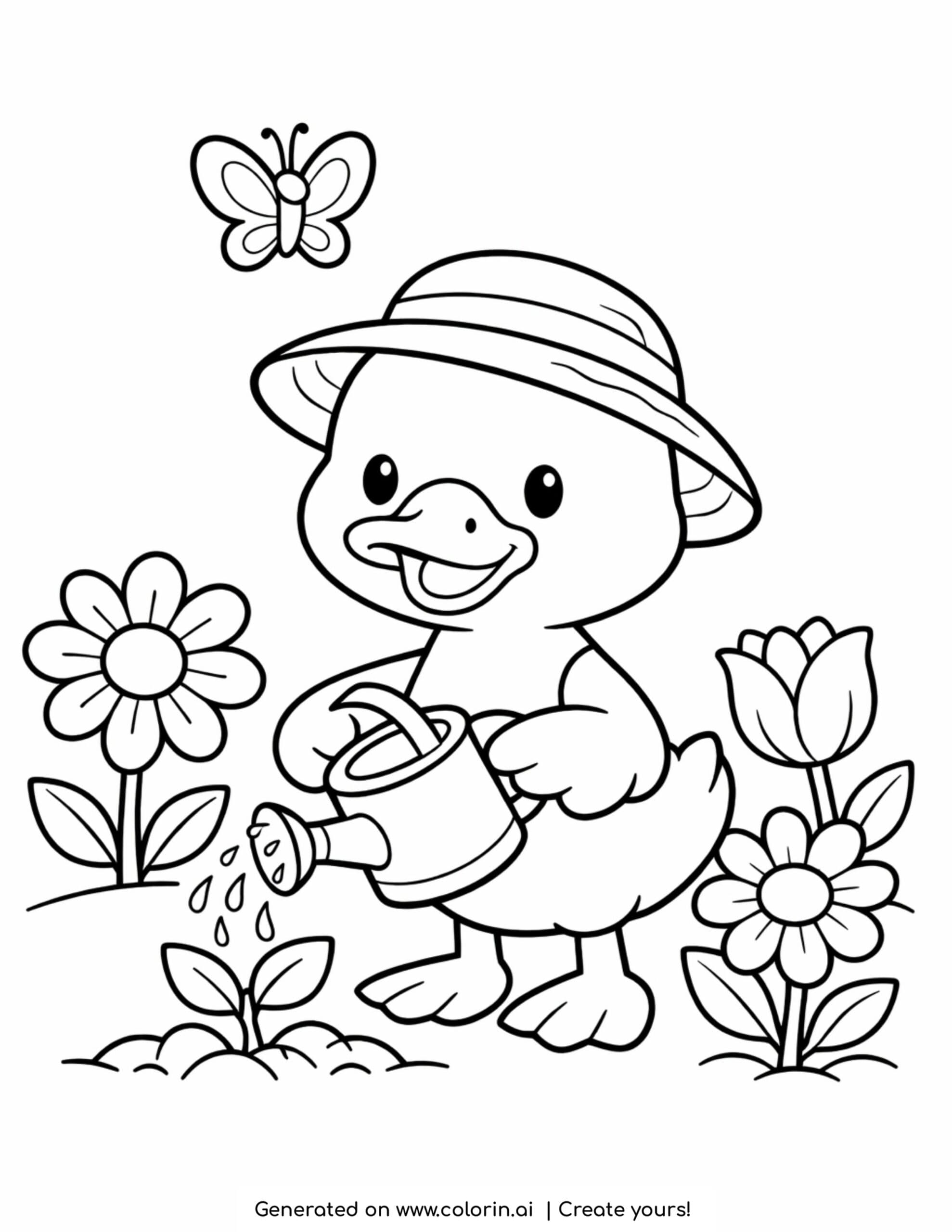 duck watering flowers with butterfly and garden plants coloring page