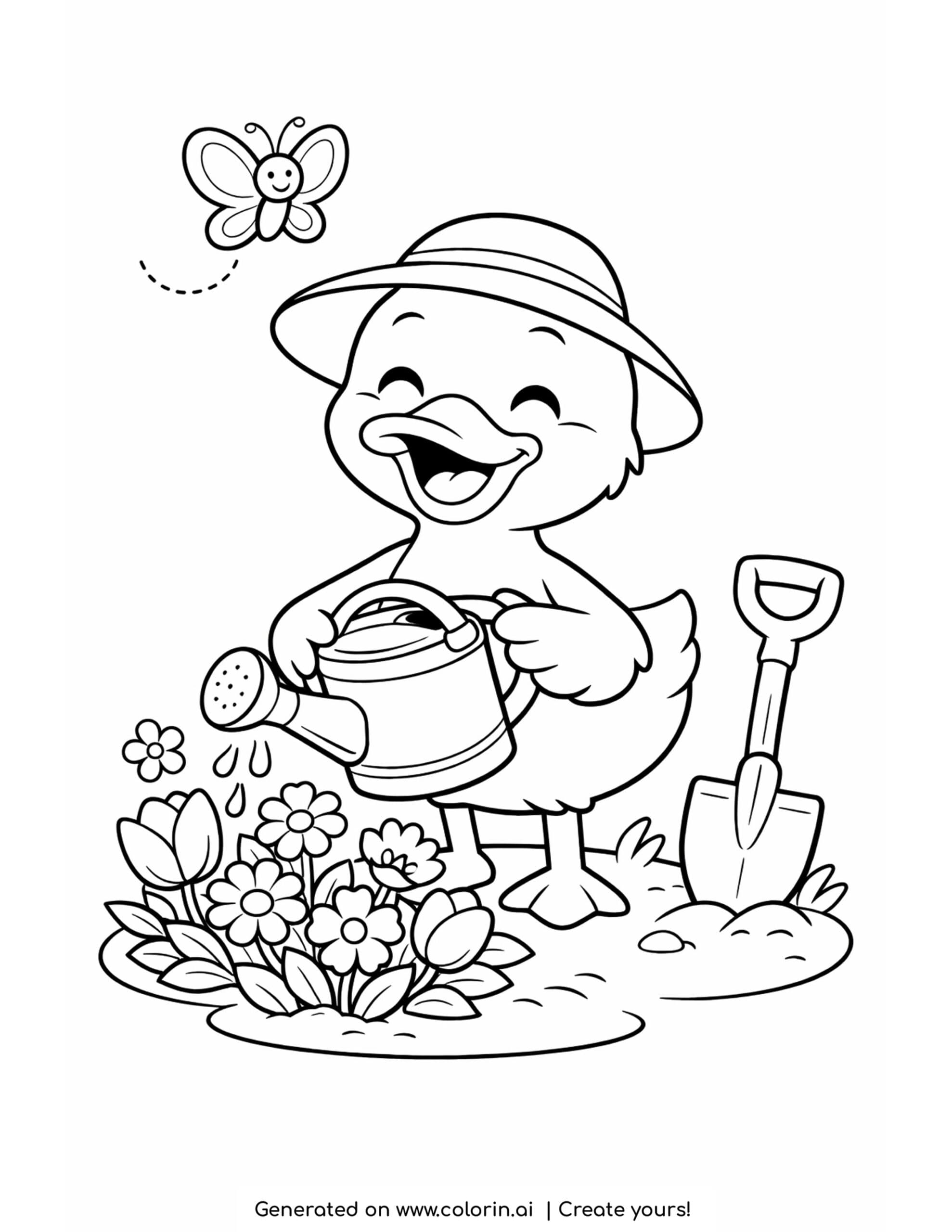 duck watering garden flowers coloring page with butterfly and shovel