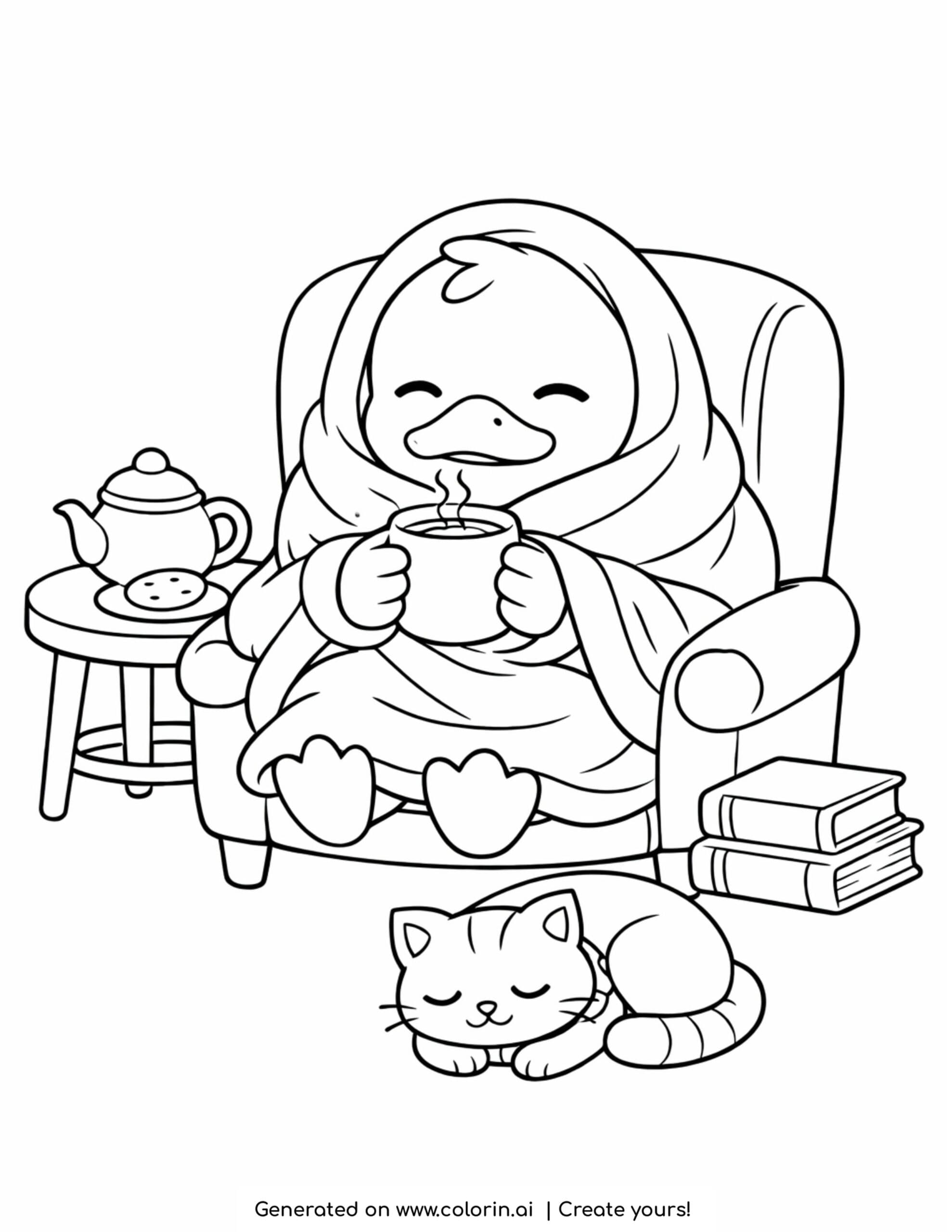 duck wrapped in blanket drinking tea with sleeping cat coloring page