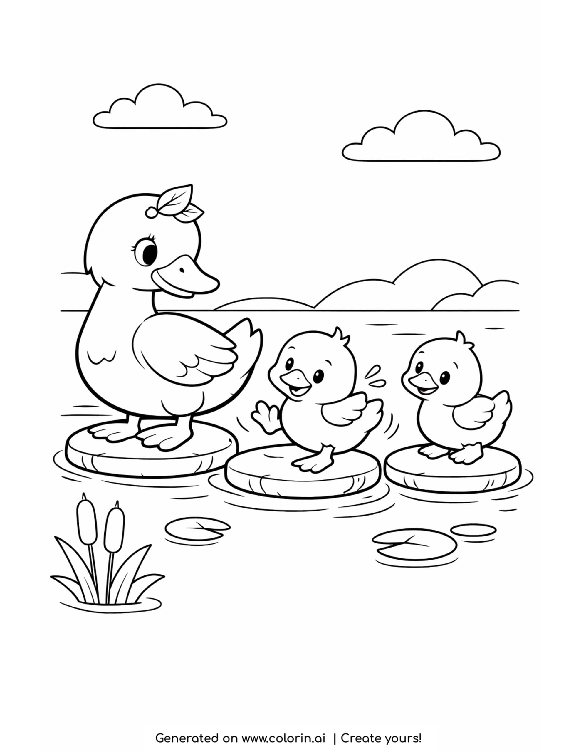 ducklings crossing stepping stones coloring page with a mother duck by the pond
