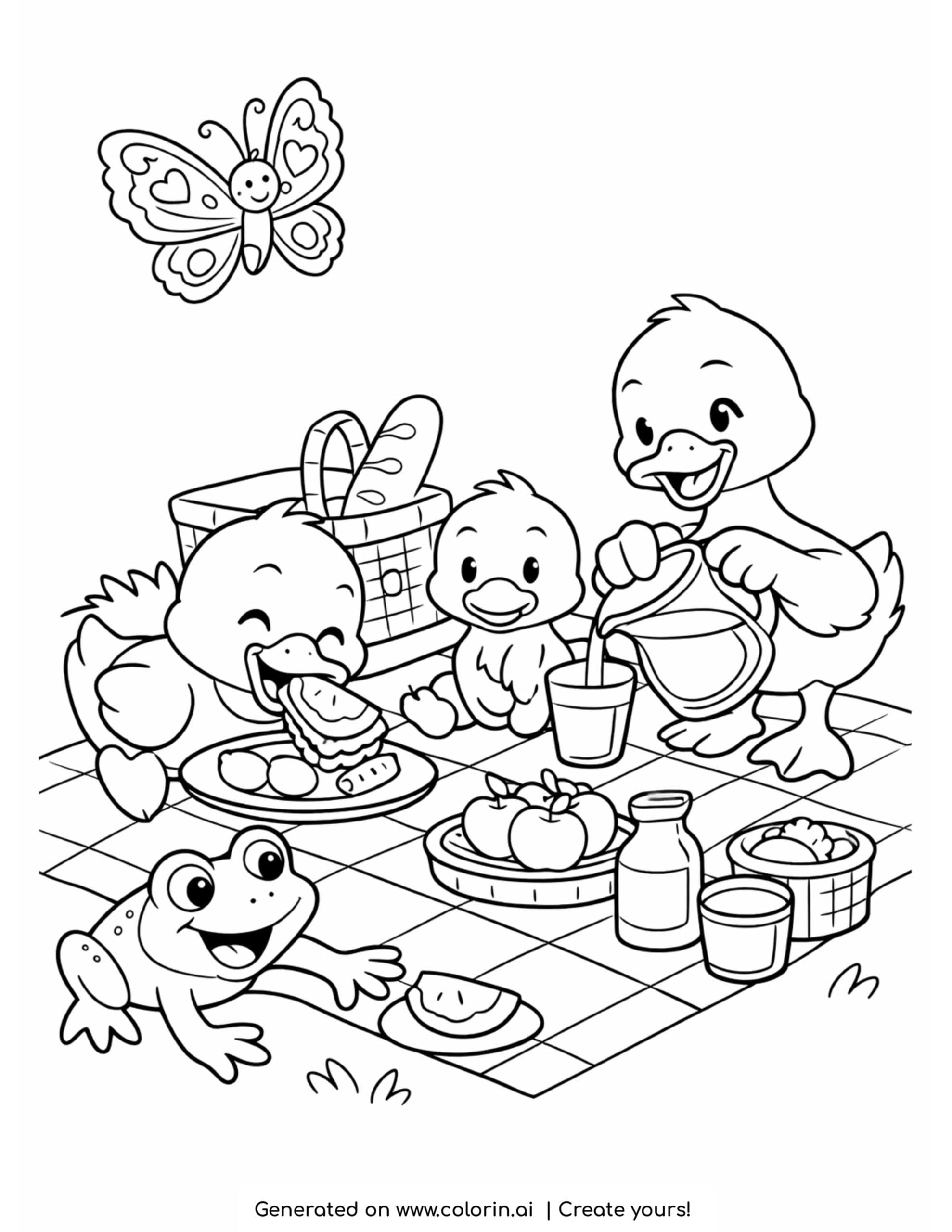 ducks having picnic with frog and butterfly on blanket coloring page