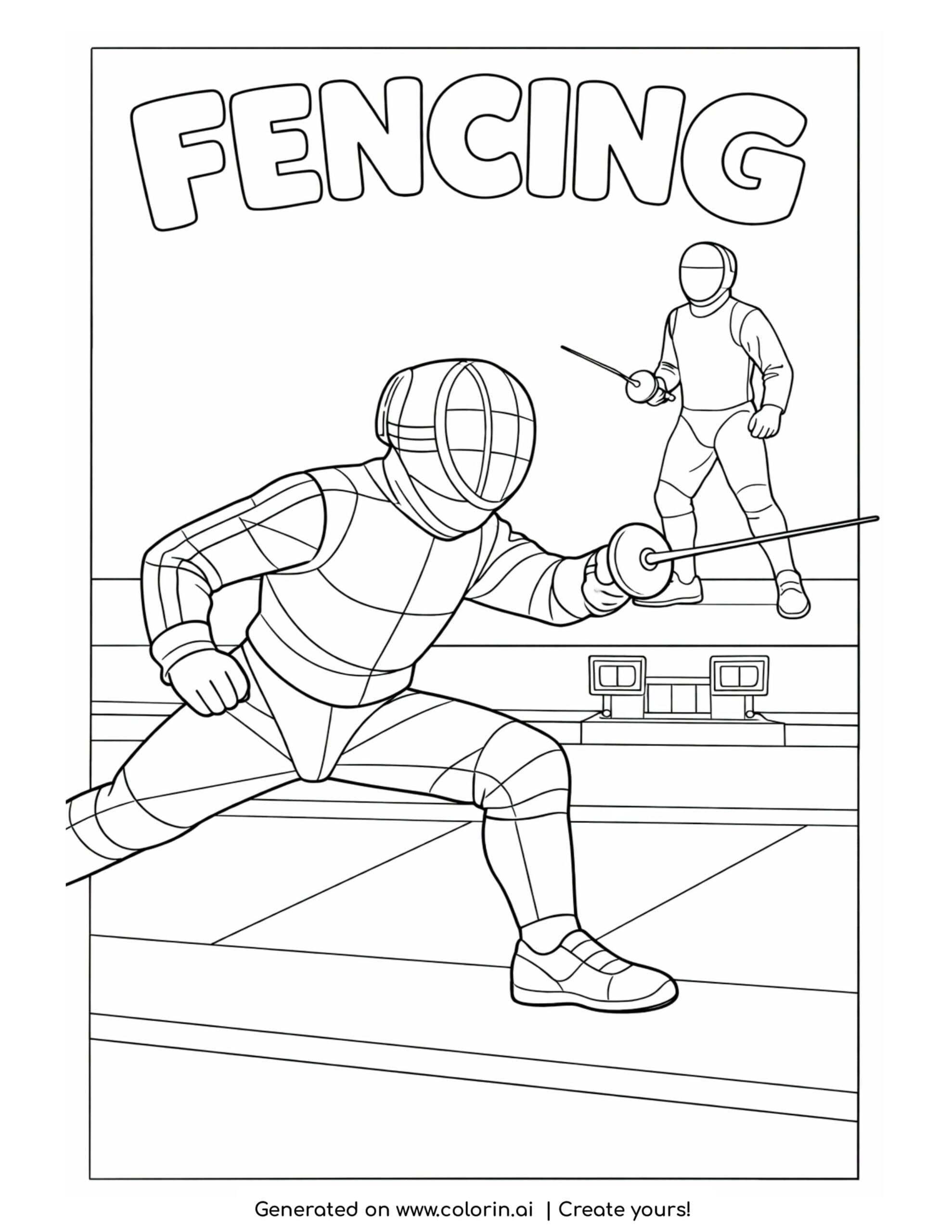 fencing duel lunging forward coloring page with two fencers in match stance and swords