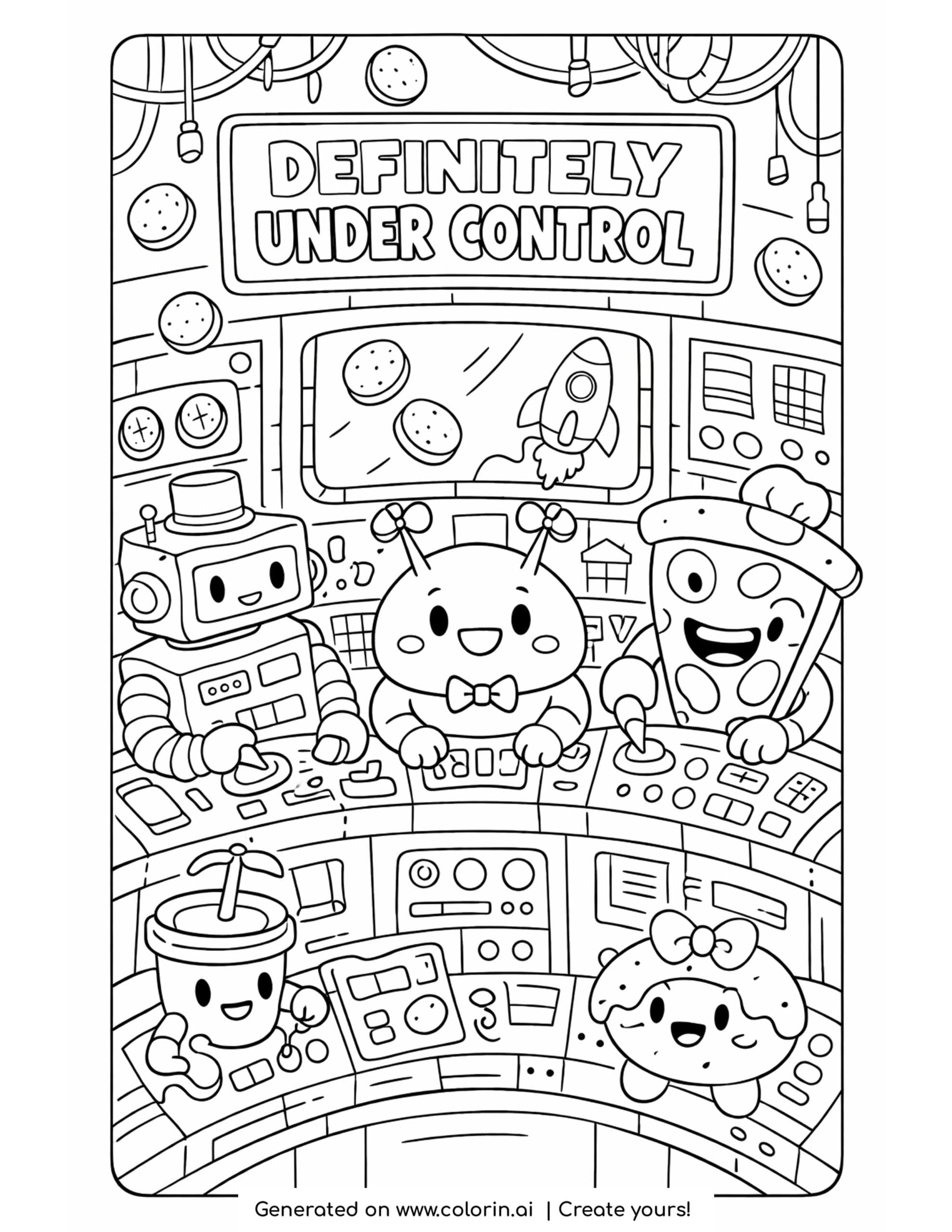 food crew steering rocket controls coloring page with robots aliens and spaceship panels