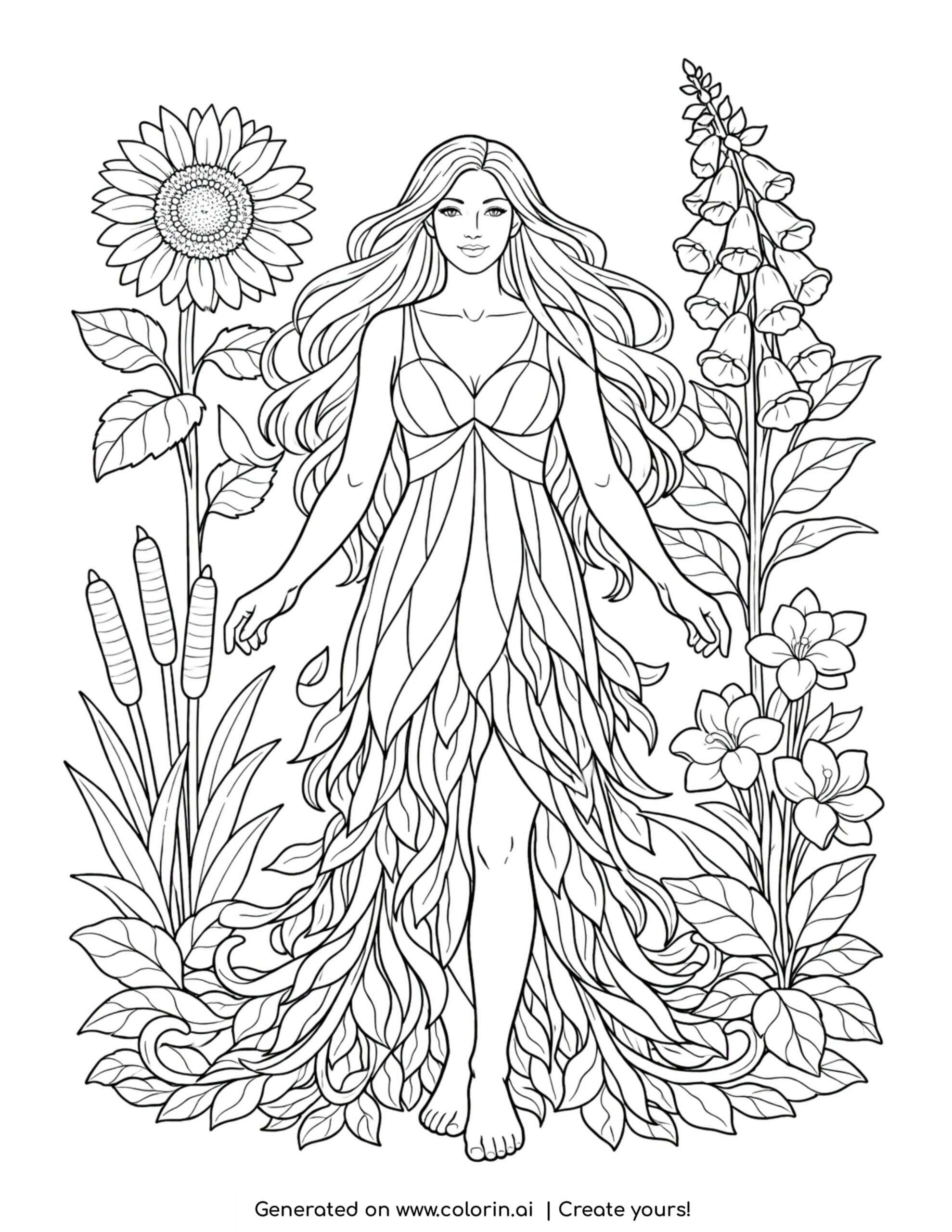 forest goddess with wildflowers coloring page with leafy dress and tall plants