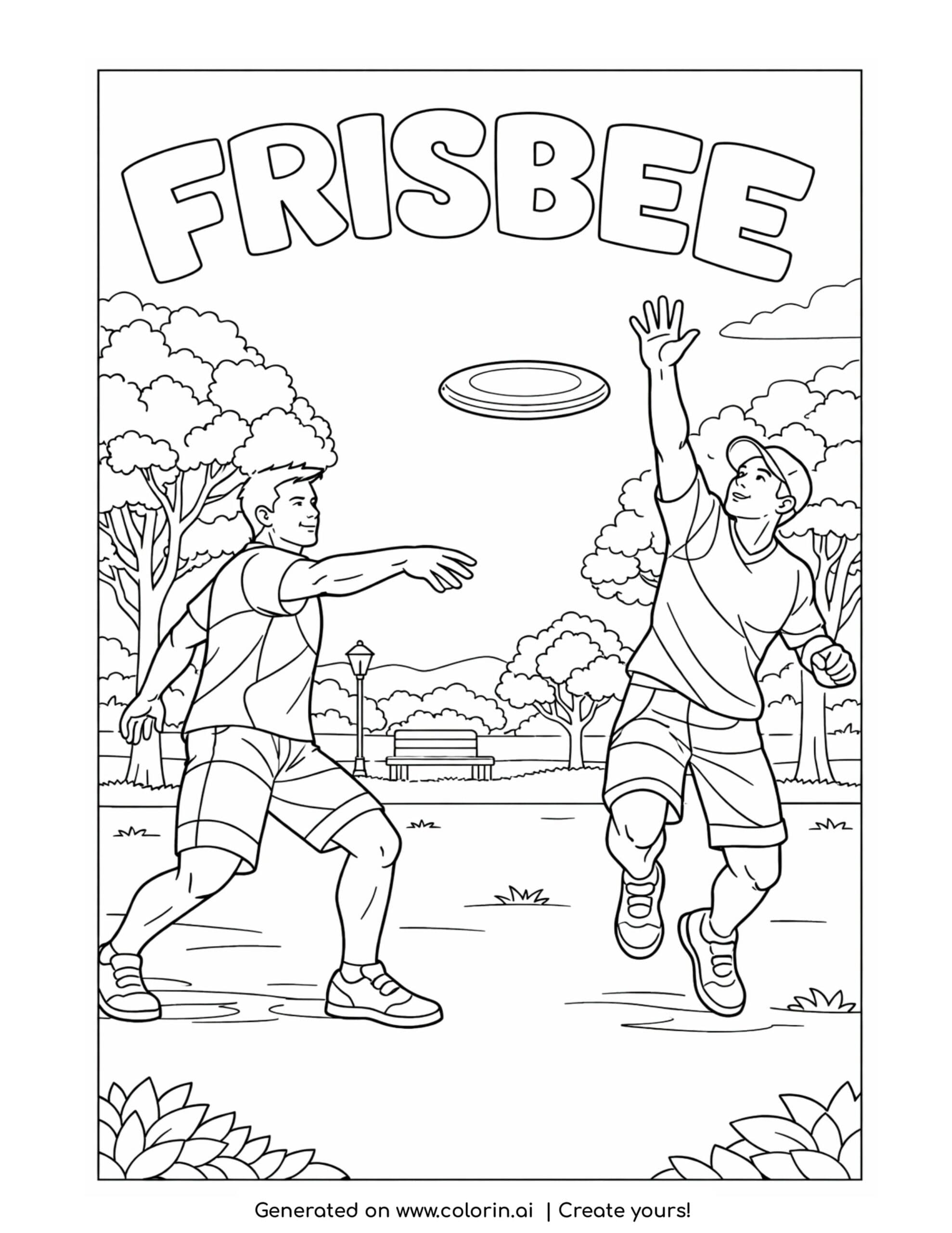 frisbee players throwing and catching disc coloring page with two people playing in a park setting coloring page