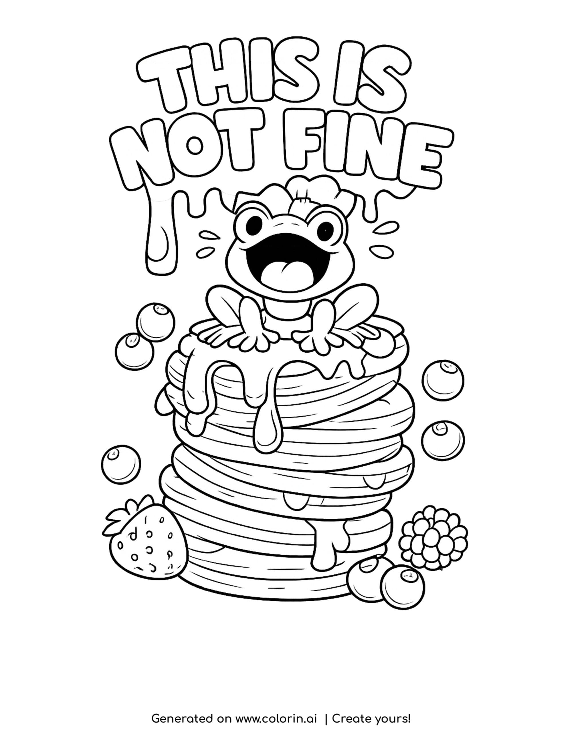frog balancing wobbly pancakes coloring page with dripping syrup and floating berries