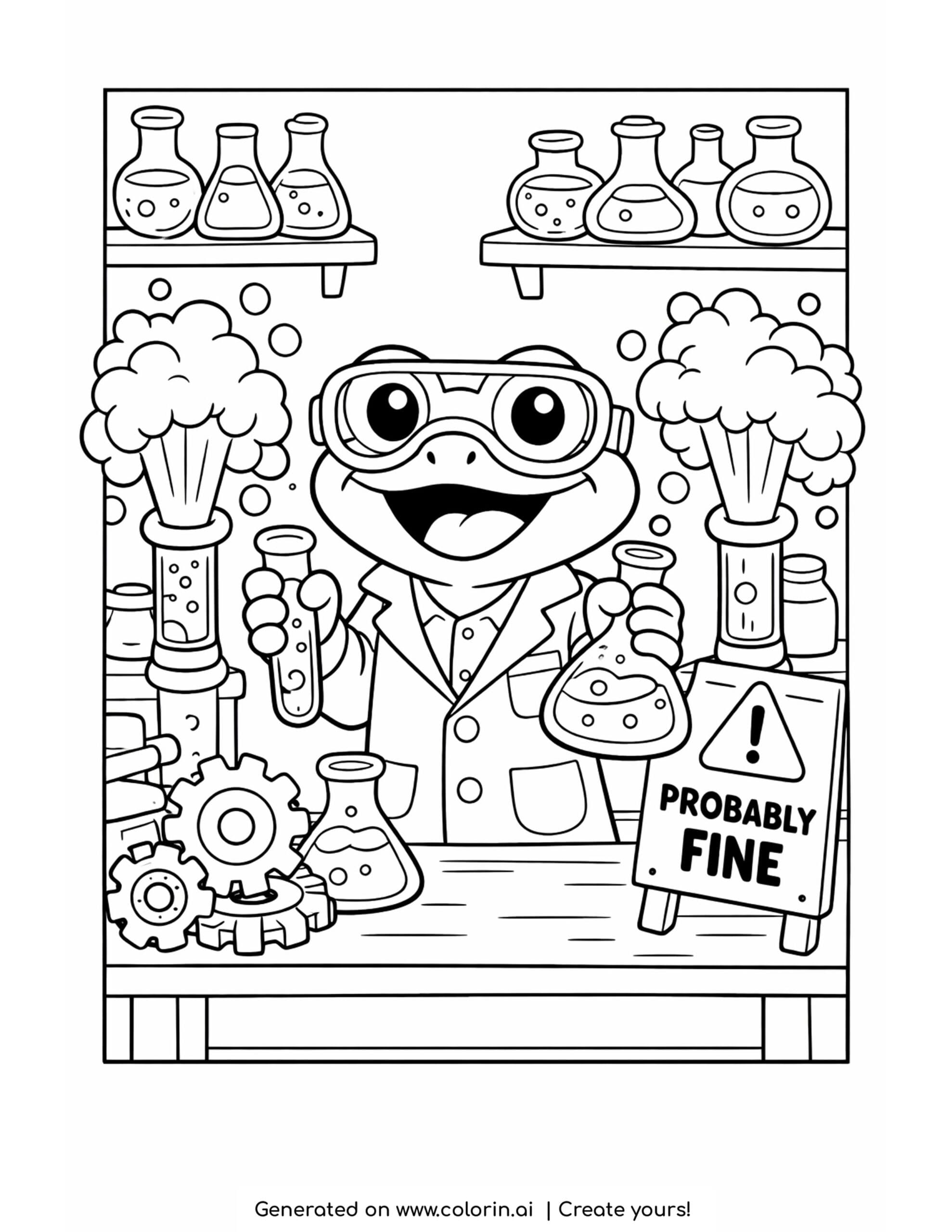 frog mixing bubbling potions coloring page with science lab and foamy test tubes
