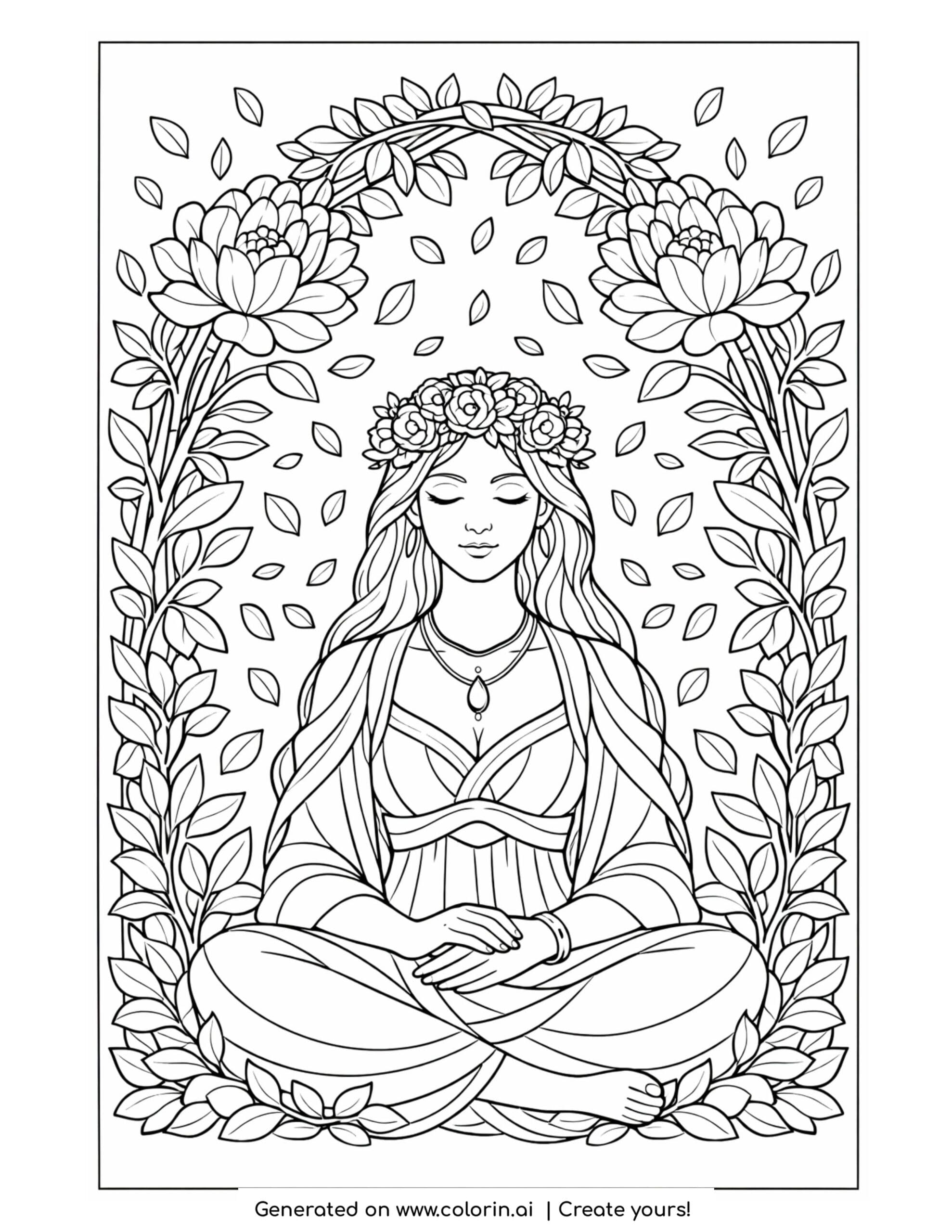 goddess beneath a floral arch coloring page with flowers and falling leaves