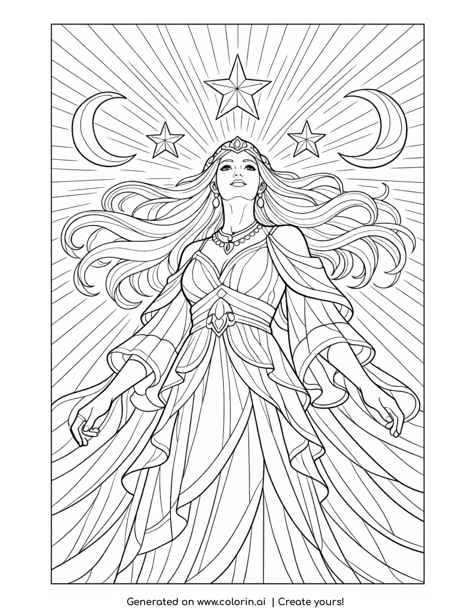 goddess beneath crescent moons coloring page with radiant sky and flowing gown