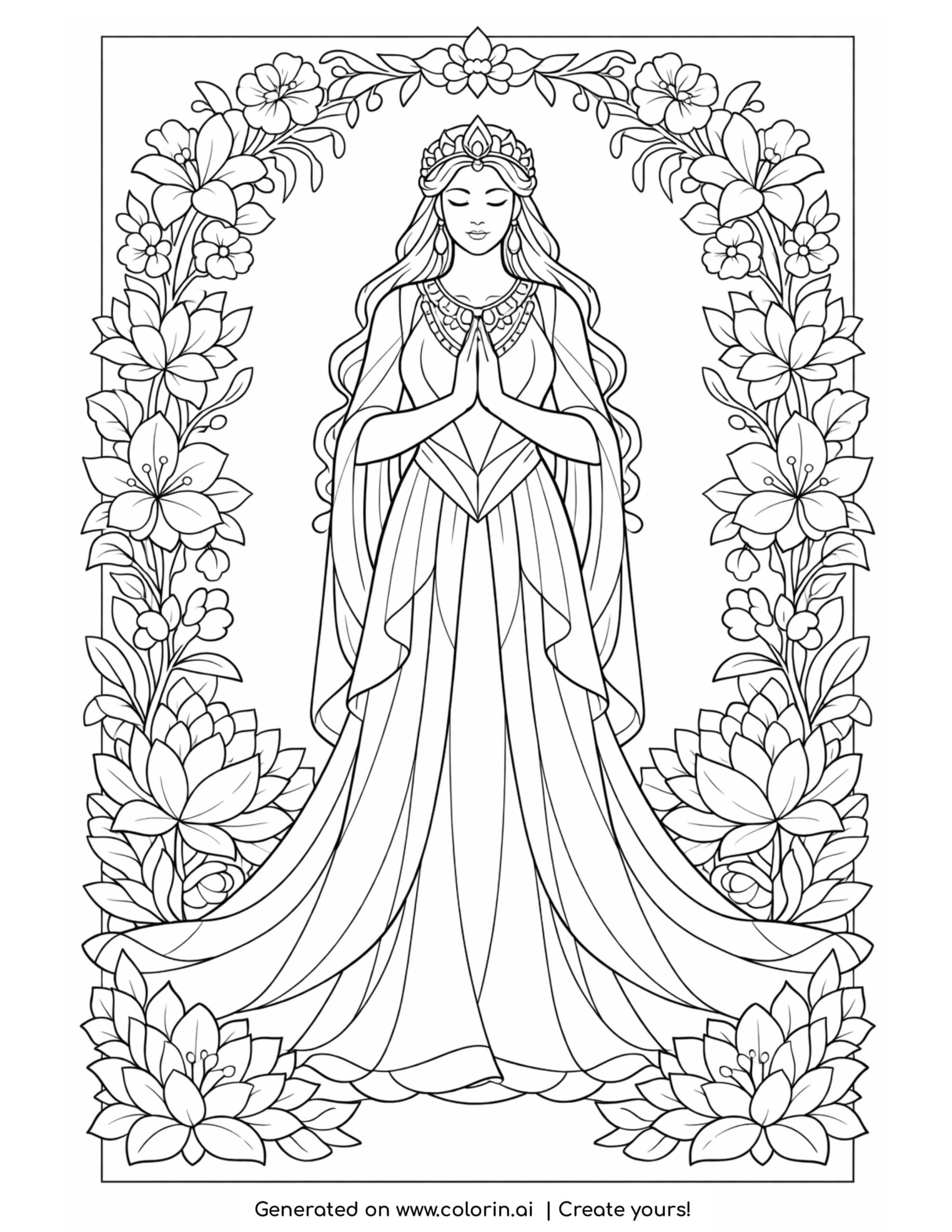 goddess beneath flower arch coloring page with botanical border and long robe