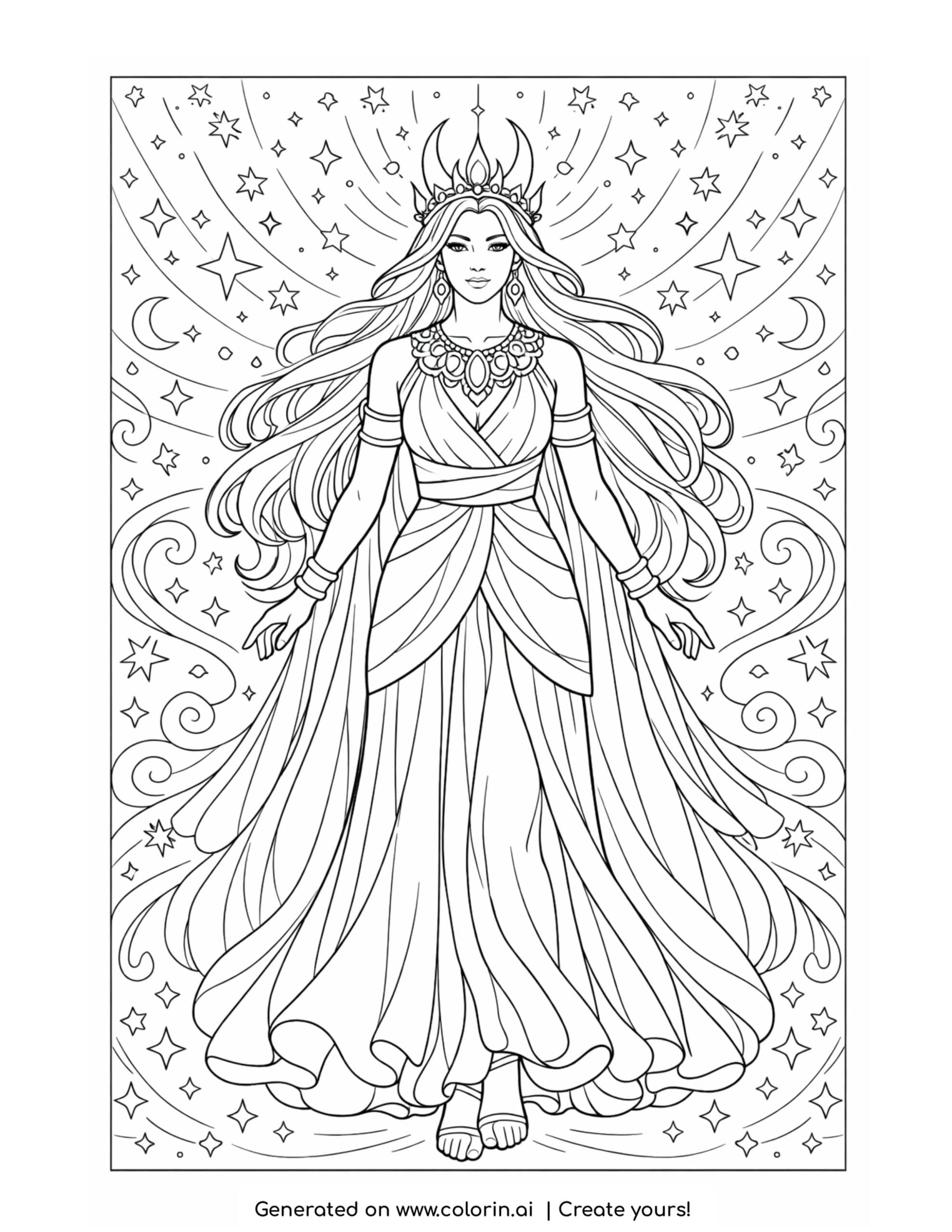 goddess beneath radiant stars coloring page with swirling sky and layered gown