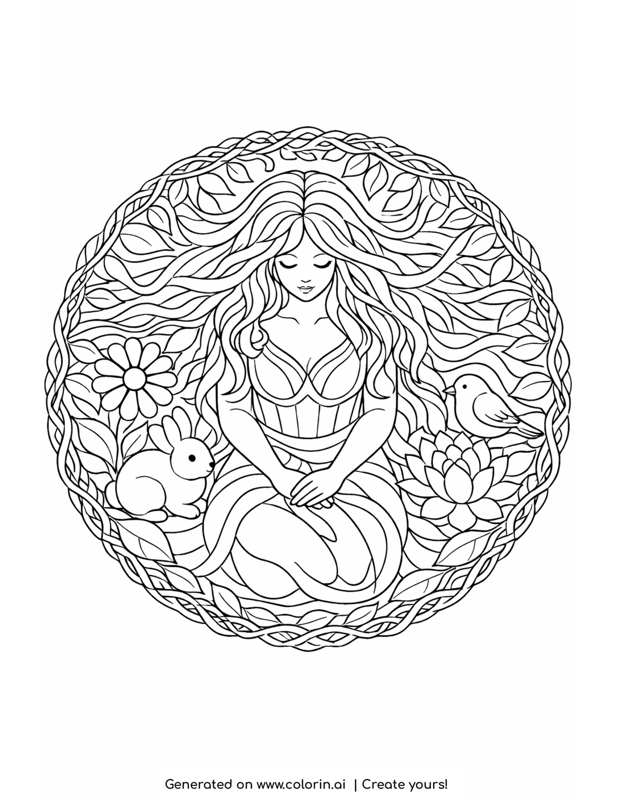 goddess beside forest animals coloring page with rabbit bird and leafy circle