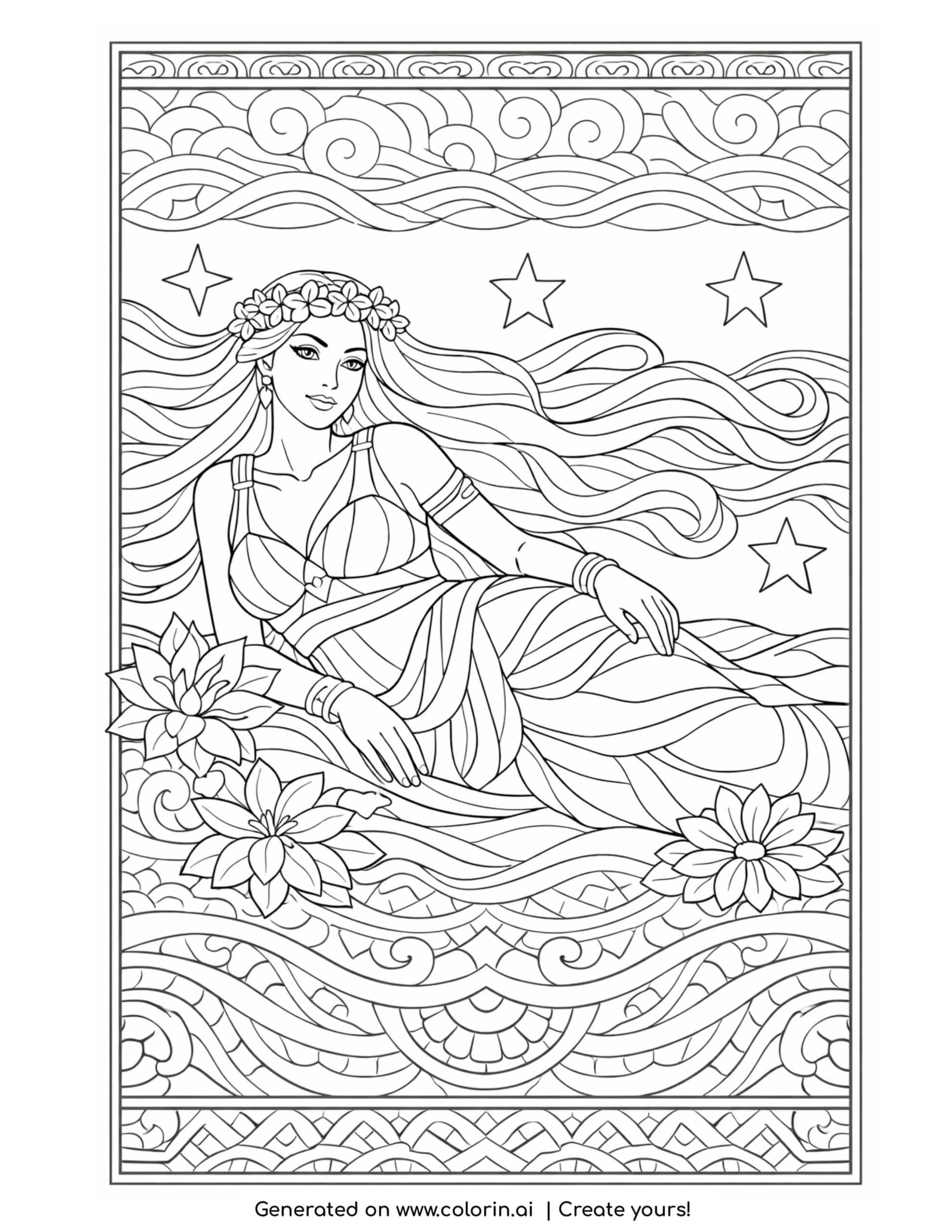 goddess drifting through patterned waves coloring page with stars and floral details