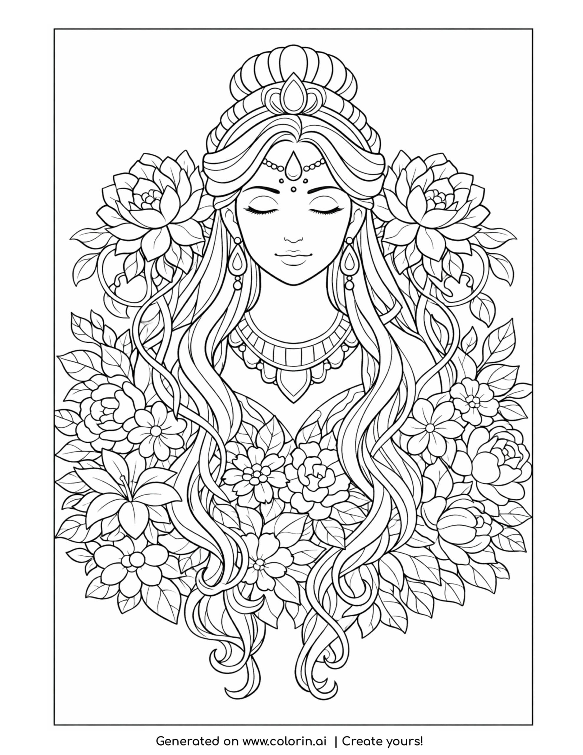 goddess emerging from flowers coloring page with blossoms and flowing hair