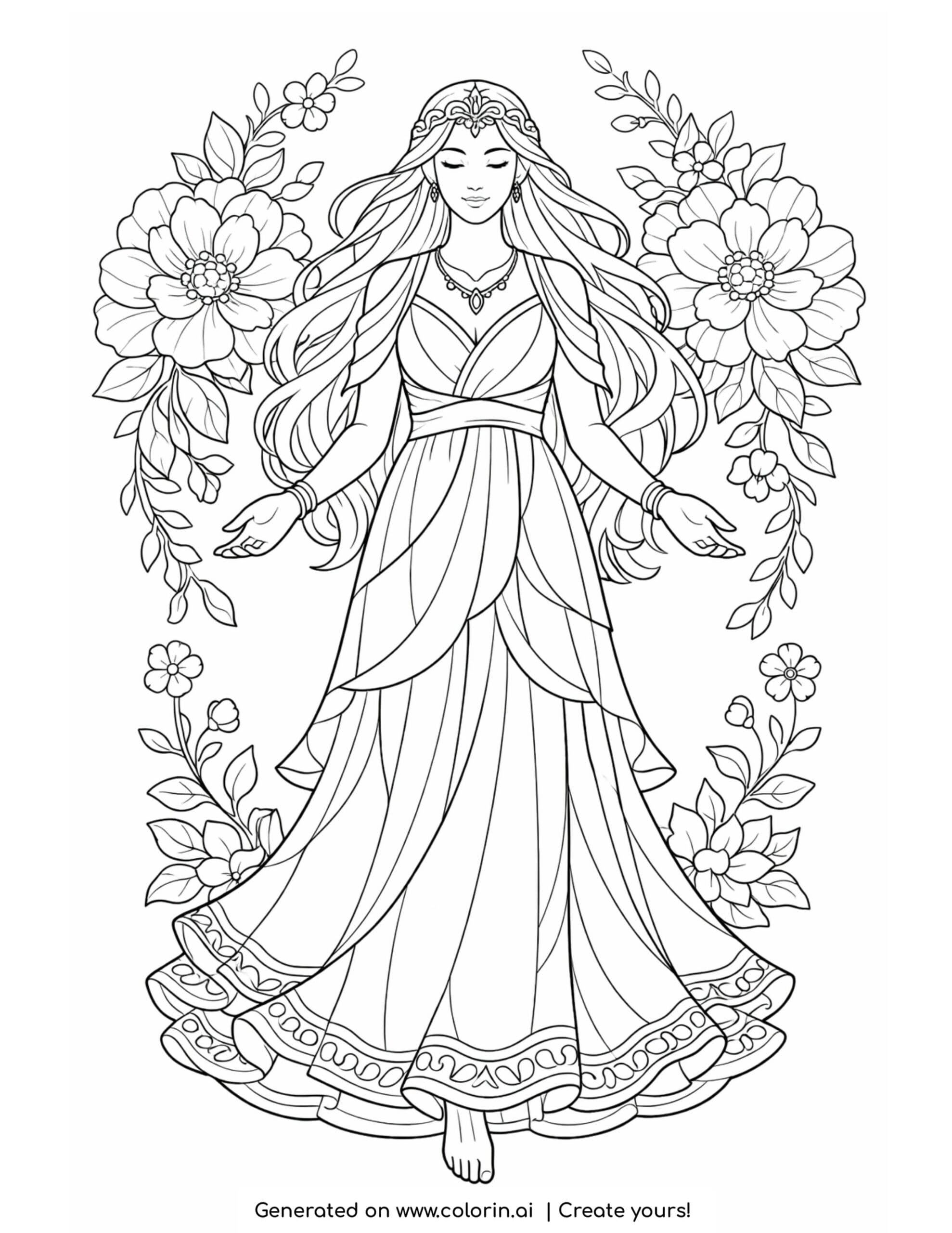 goddess framed by blossoms coloring page with layered dress and floral vines