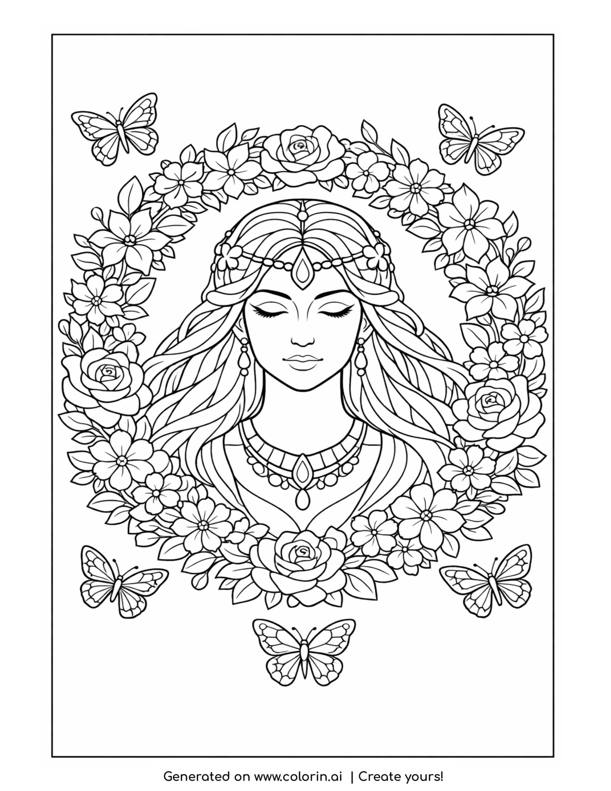 goddess framed by flower wreath coloring page with butterflies and flowers