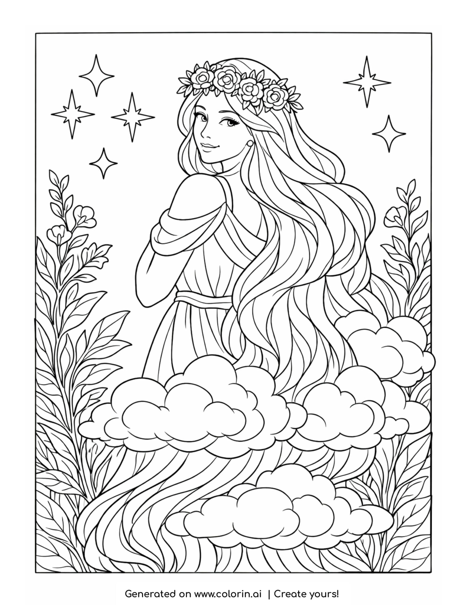 goddess gazing beyond floating clouds coloring page with stars and floral crown