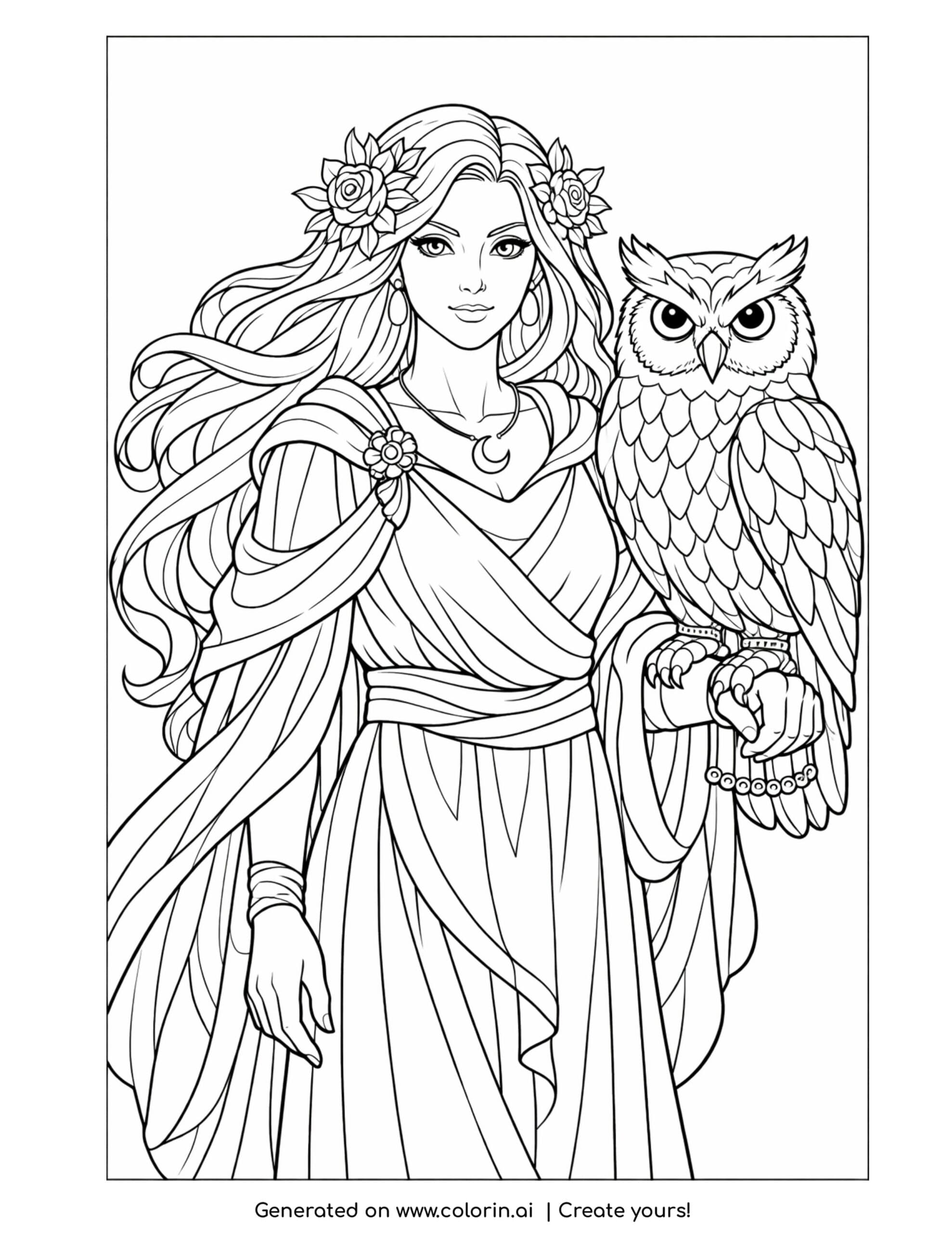 goddess holding a large owl coloring page with flowing hair and feathers